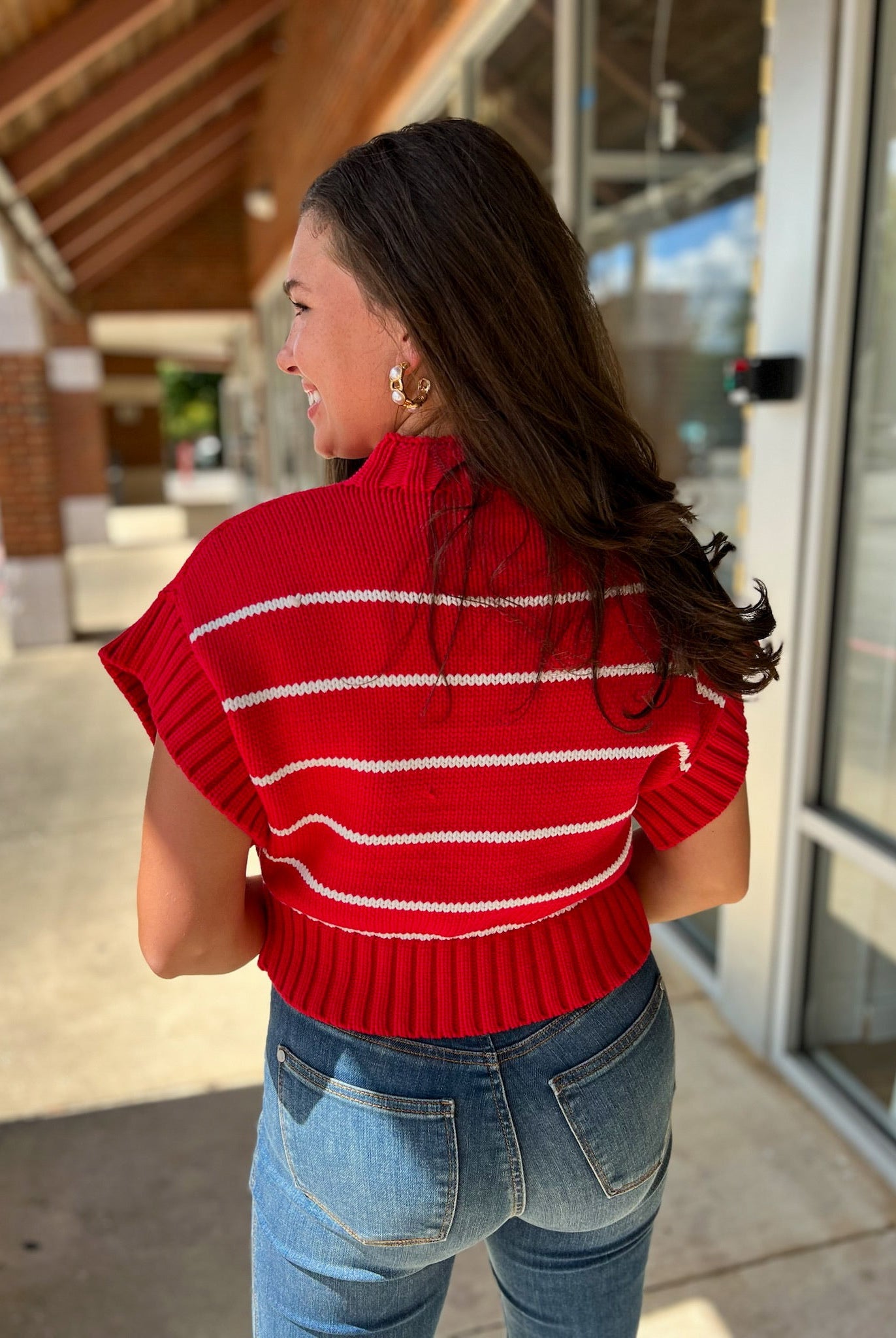 Ruby Red Striped Cropped Mock Neck Short Sleeve Sweater - A'Bekah's Boutique