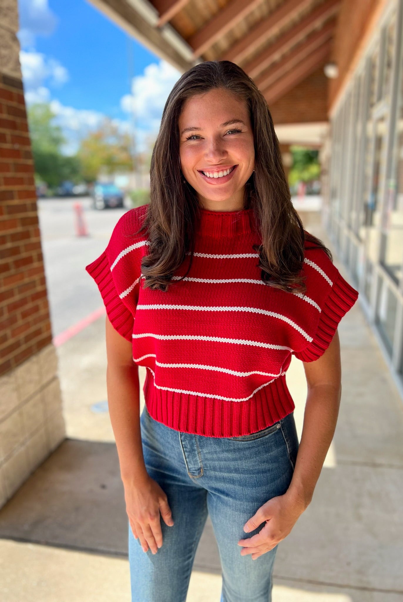 Ruby Red Striped Cropped Mock Neck Short Sleeve Sweater - A'Bekah's Boutique
