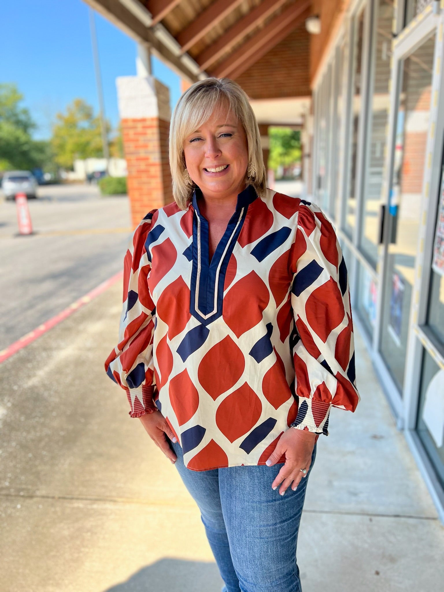 Rust and Navy Curvy Geometric Pattern V - Neck Long Sleeve Top - A'Bekah's Boutique
