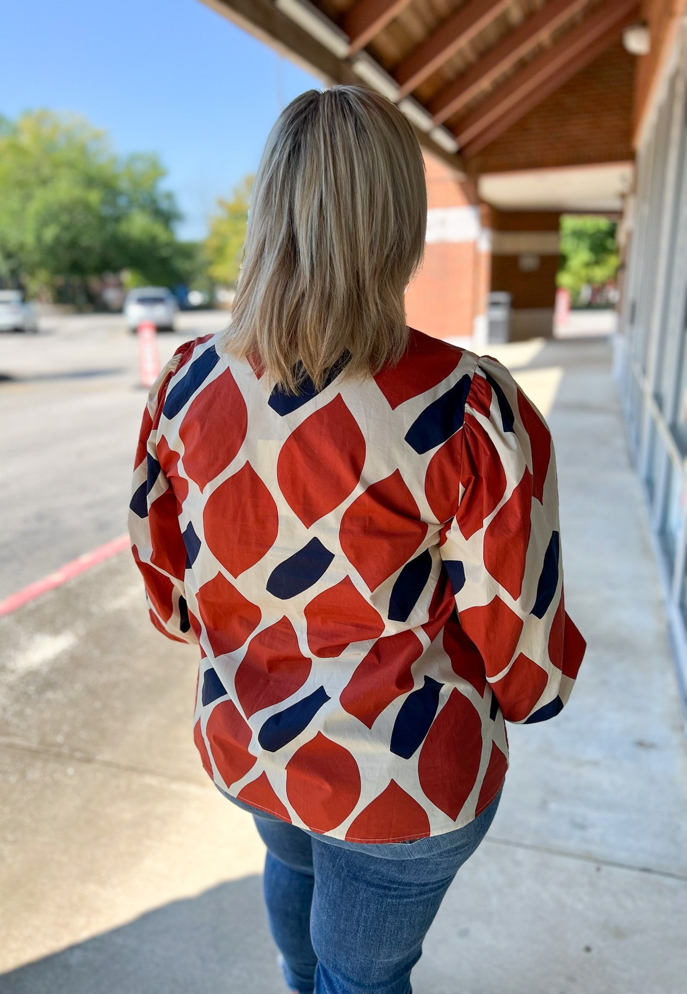 Rust and Navy Curvy Geometric Pattern V - Neck Long Sleeve Top - A'Bekah's Boutique