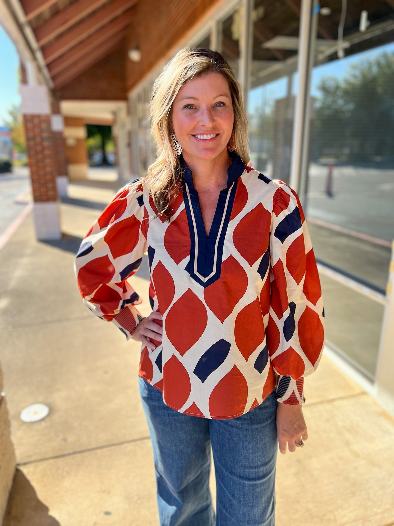 Rust and Navy Geometric Pattern V - Neck Long Sleeve Top (R) - A'Bekah's Boutique
