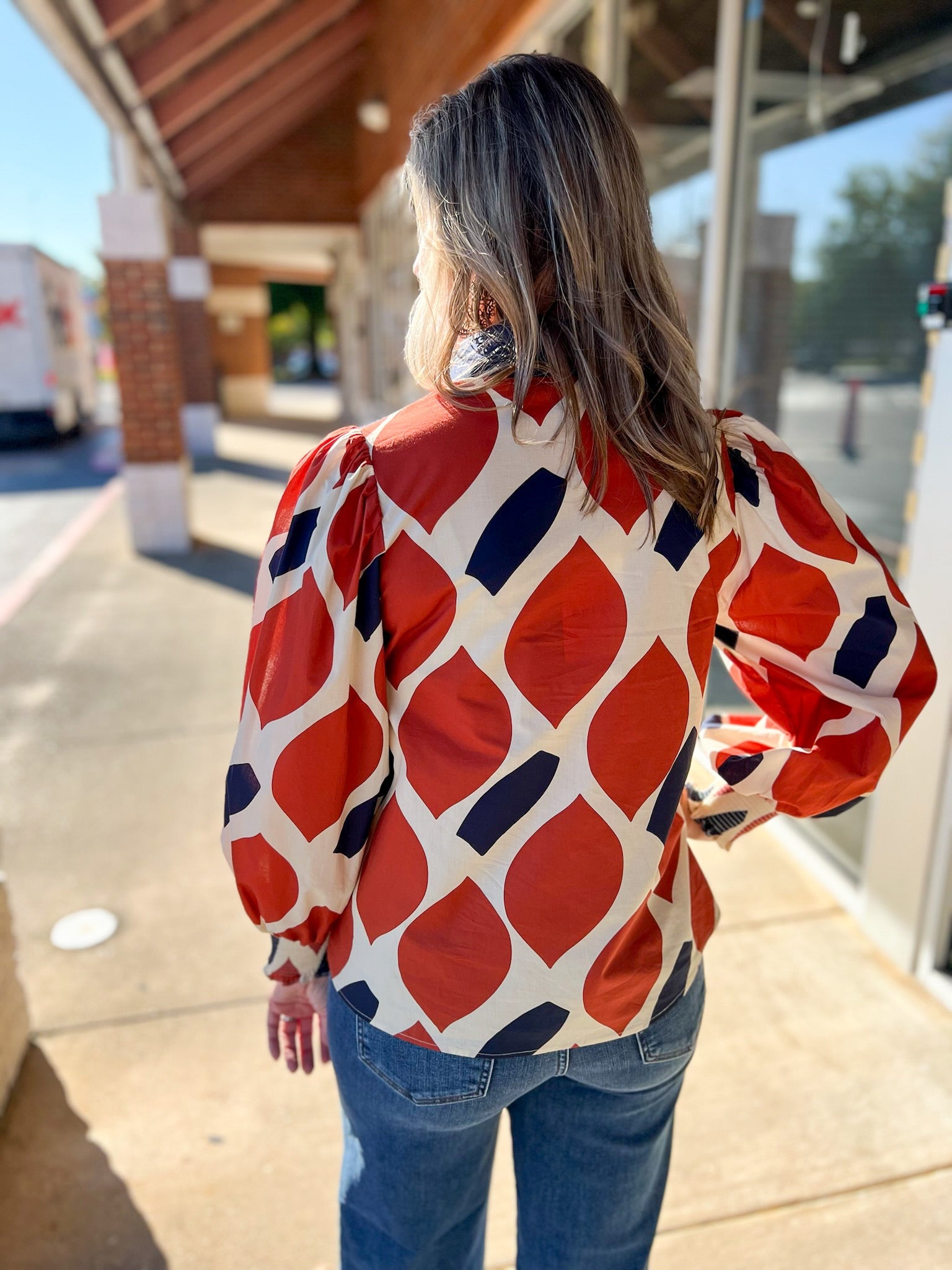 Rust and Navy Geometric Pattern V - Neck Long Sleeve Top (R) - A'Bekah's Boutique