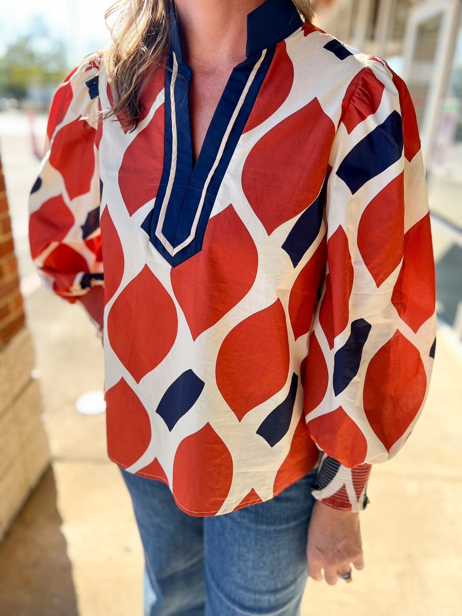 Rust and Navy Geometric Pattern V - Neck Long Sleeve Top (R) - A'Bekah's Boutique
