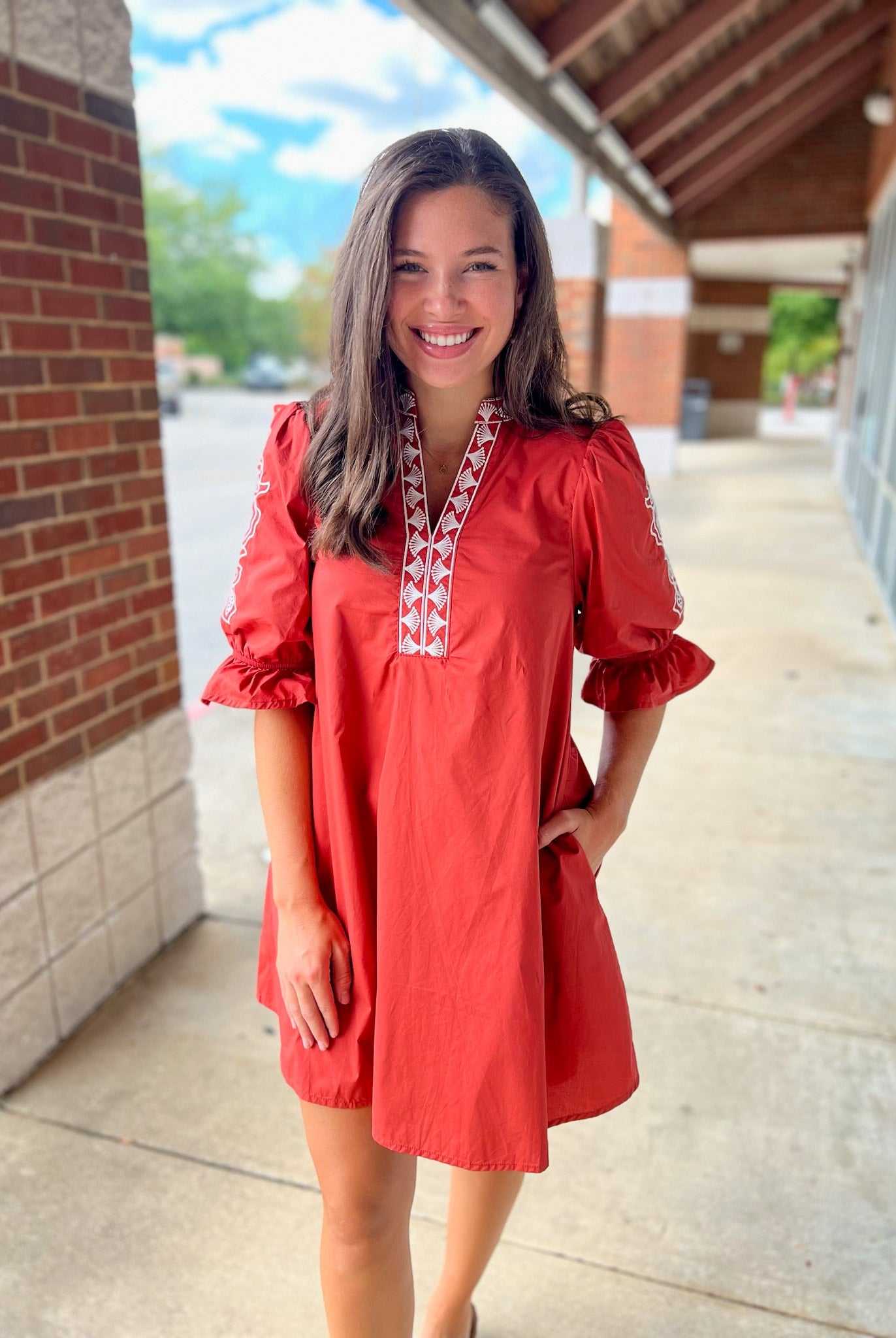 Rust Embroidered 3/4 Puff Sleeve Dress - A'Bekah's Boutique