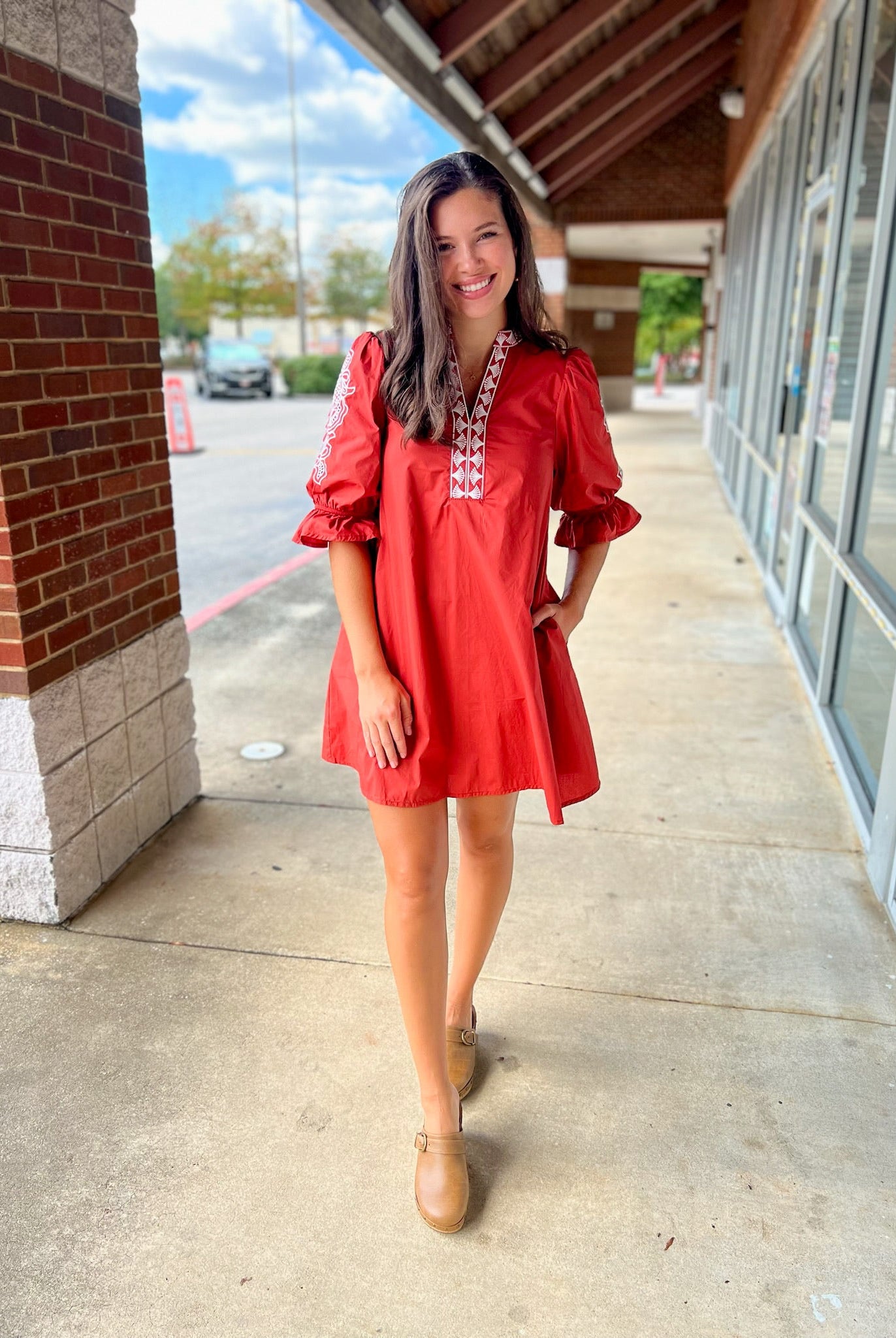 Rust Embroidered 3/4 Puff Sleeve Dress - A'Bekah's Boutique