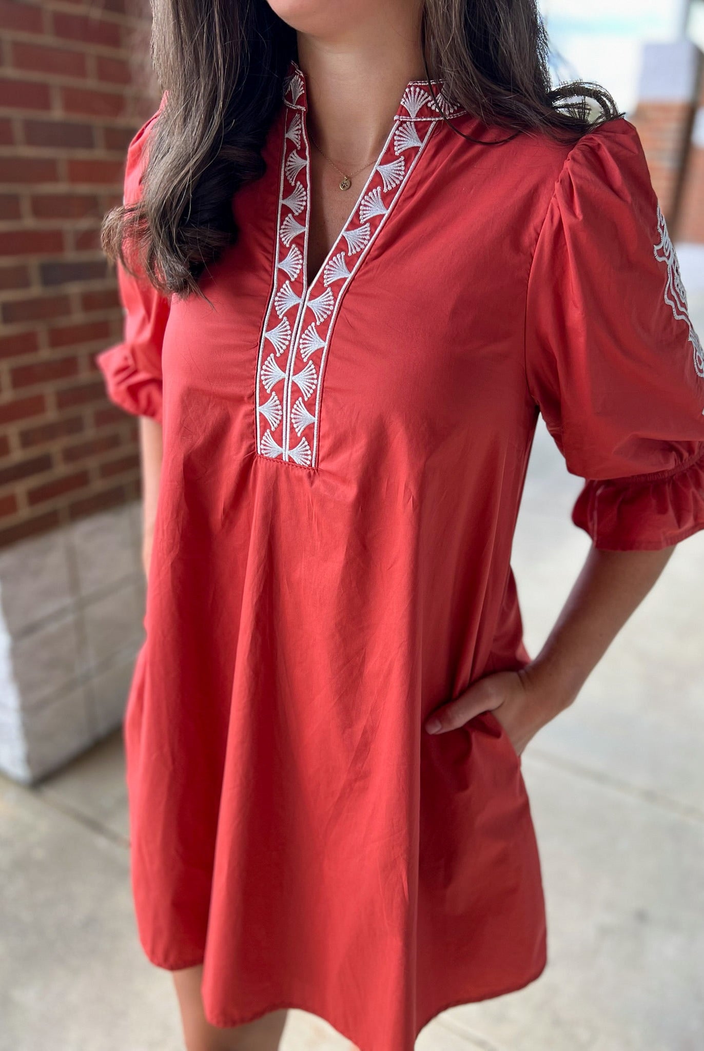 Rust Embroidered 3/4 Puff Sleeve Dress - A'Bekah's Boutique