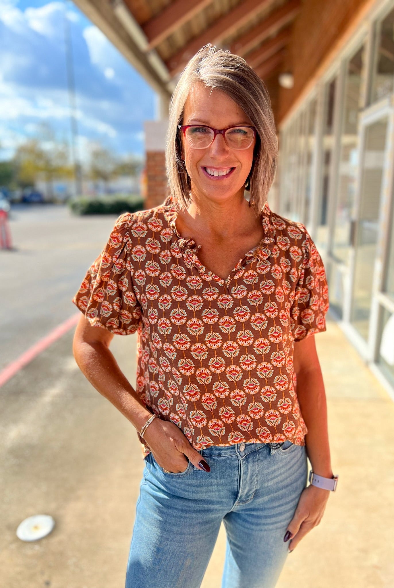 Rust Geometric Pattern V - Neck Top with Short Puff Sleeves - A'Bekah's Boutique