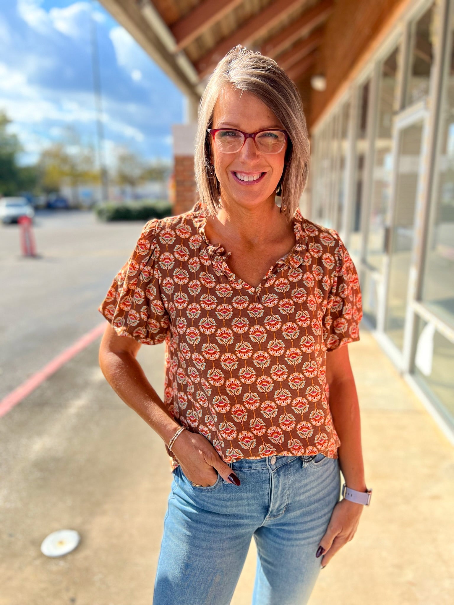 Rust Geometric Pattern V - Neck Top with Short Puff Sleeves - A'Bekah's Boutique