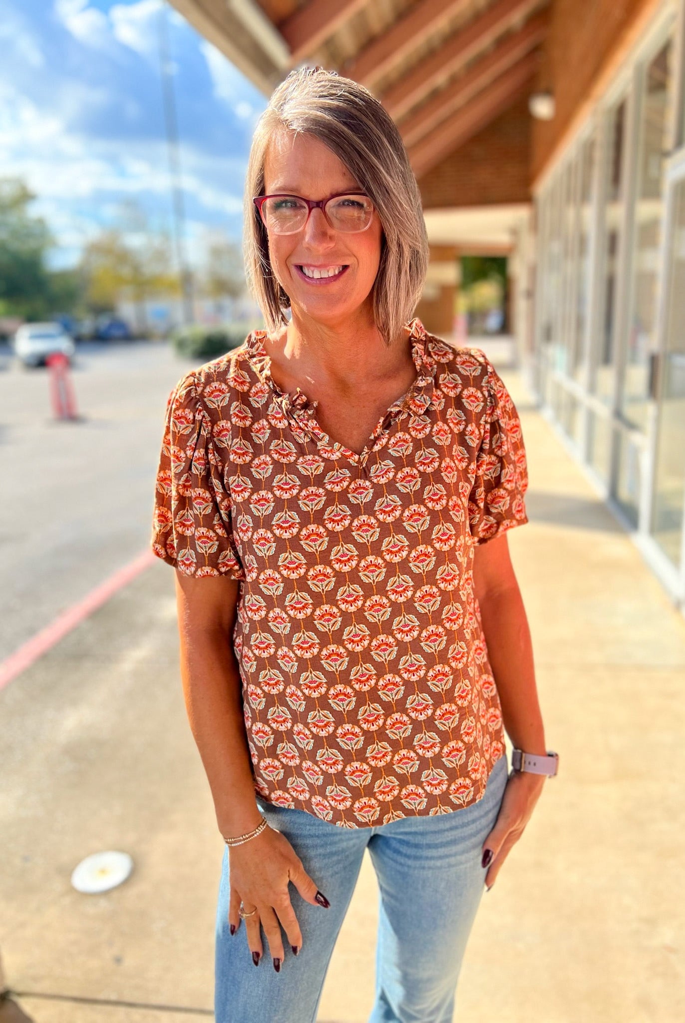 Rust Geometric Pattern V - Neck Top with Short Puff Sleeves - A'Bekah's Boutique
