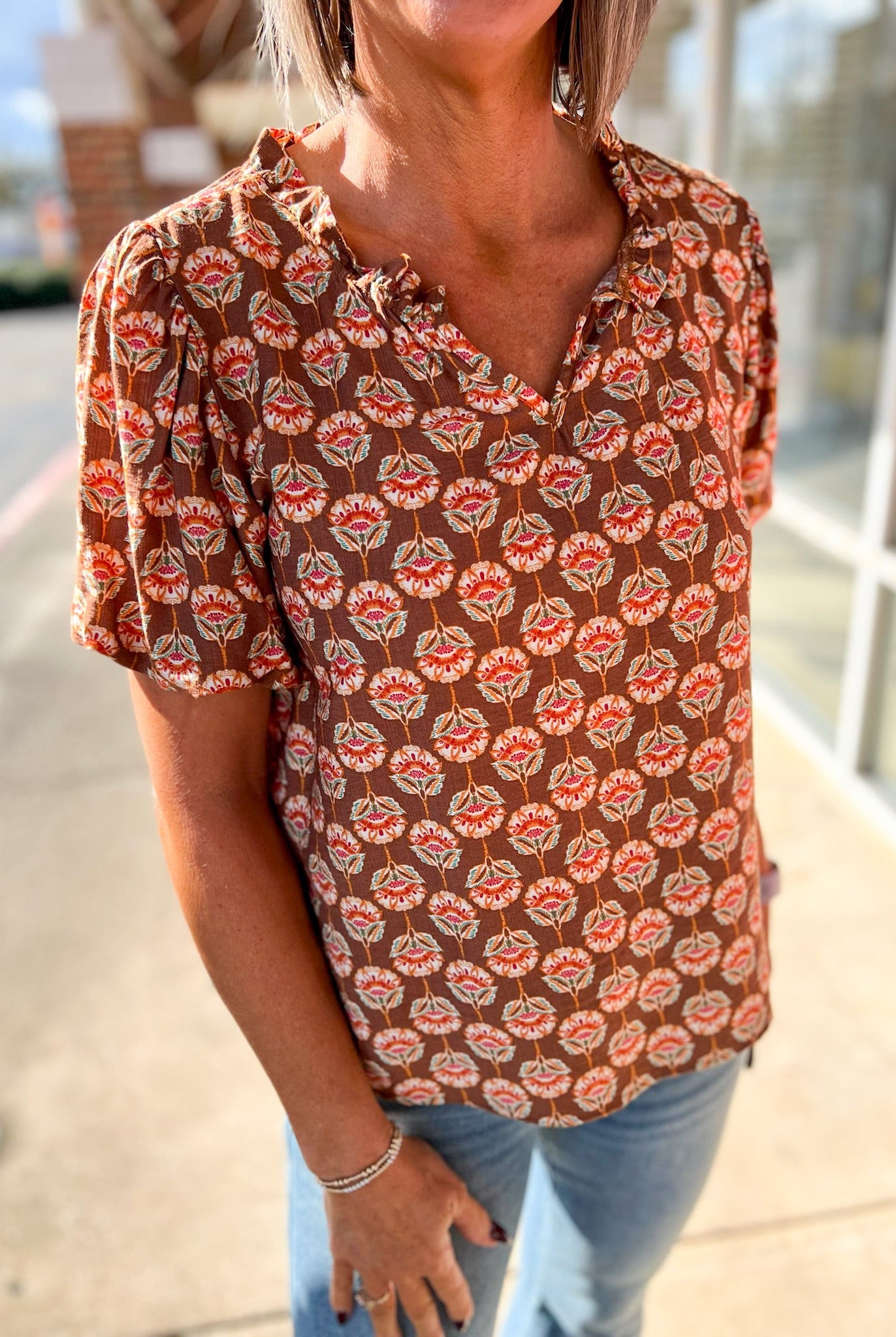 Rust Geometric Pattern V - Neck Top with Short Puff Sleeves - A'Bekah's Boutique