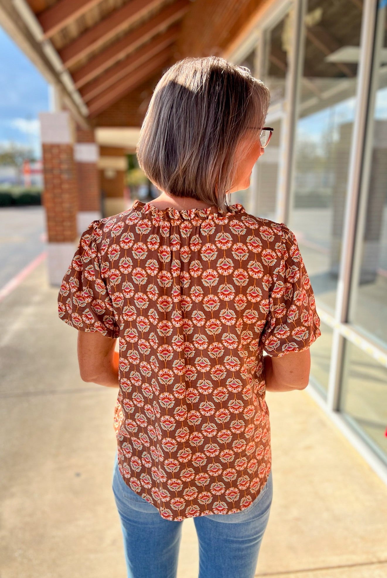 Rust Geometric Pattern V - Neck Top with Short Puff Sleeves - A'Bekah's Boutique