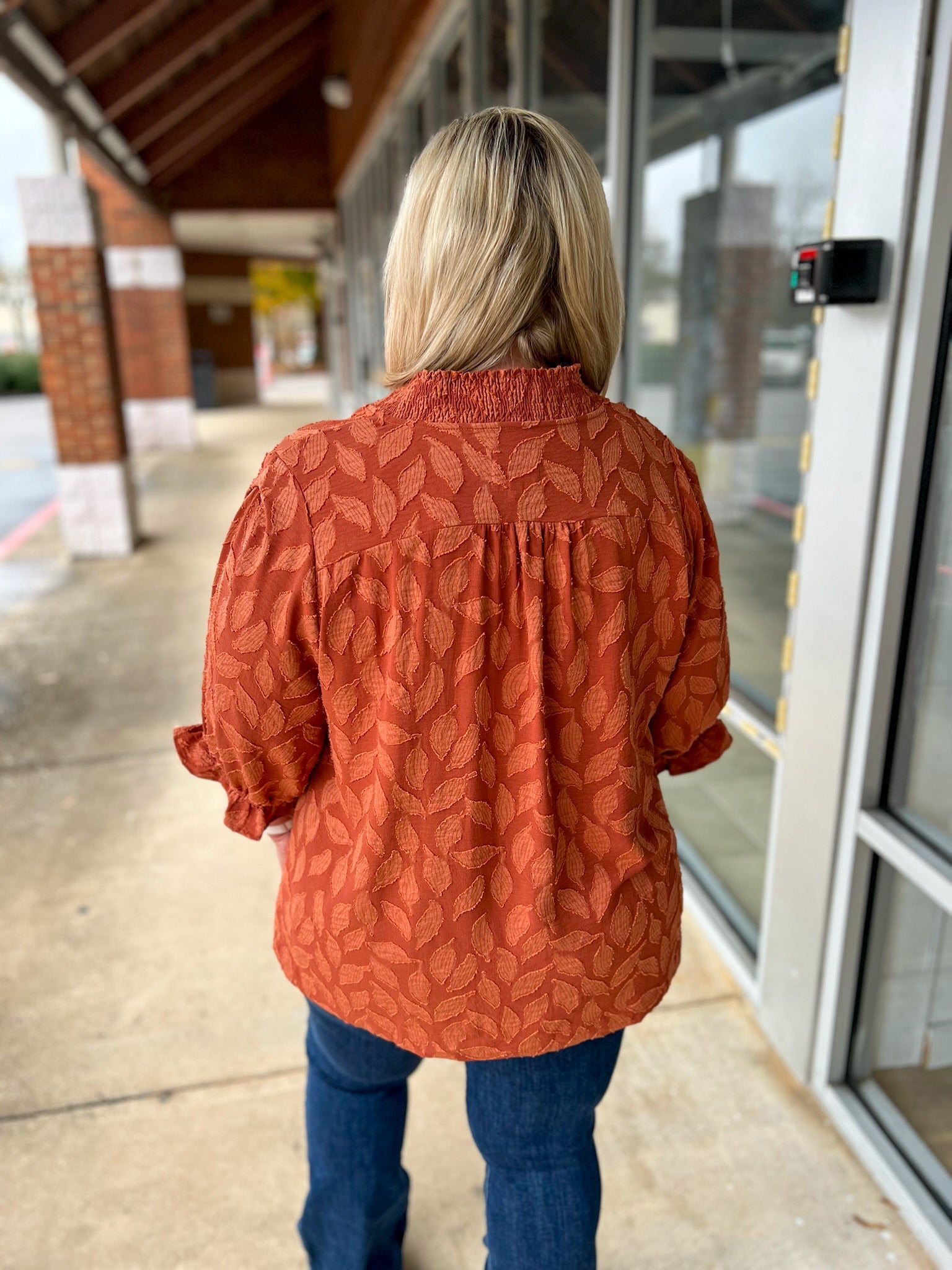 Rust Jacquard V - Neck Top with 3/4 Sleeves (C) - A'Bekah's Boutique
