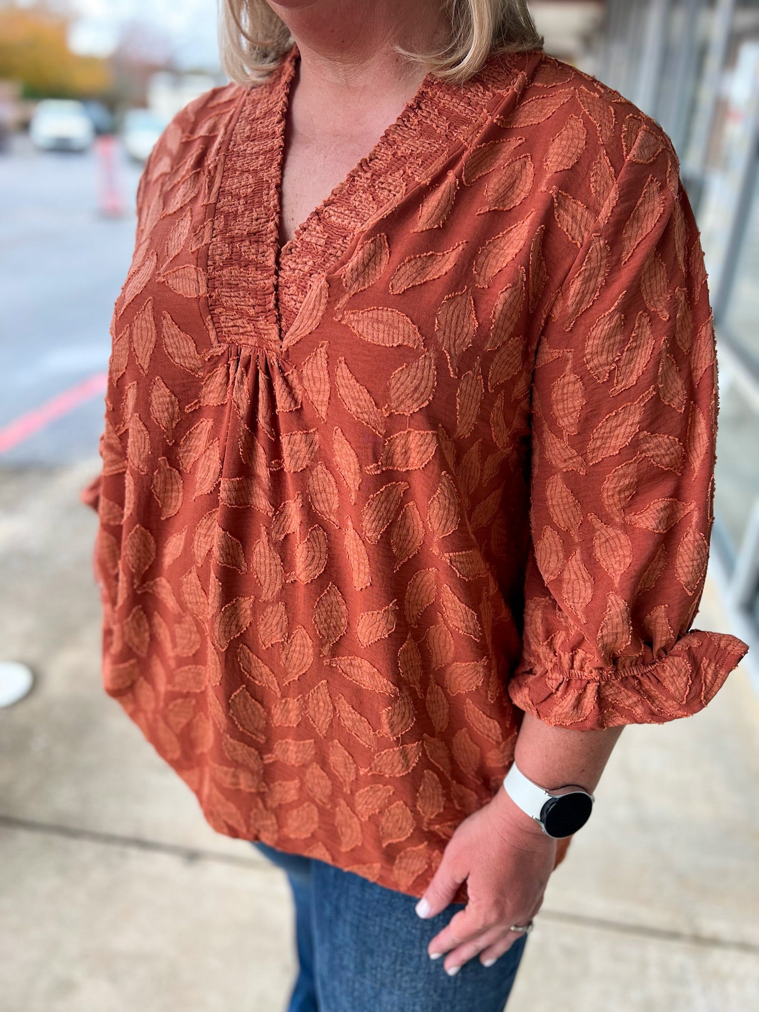 Rust Jacquard V - Neck Top with 3/4 Sleeves (C) - A'Bekah's Boutique