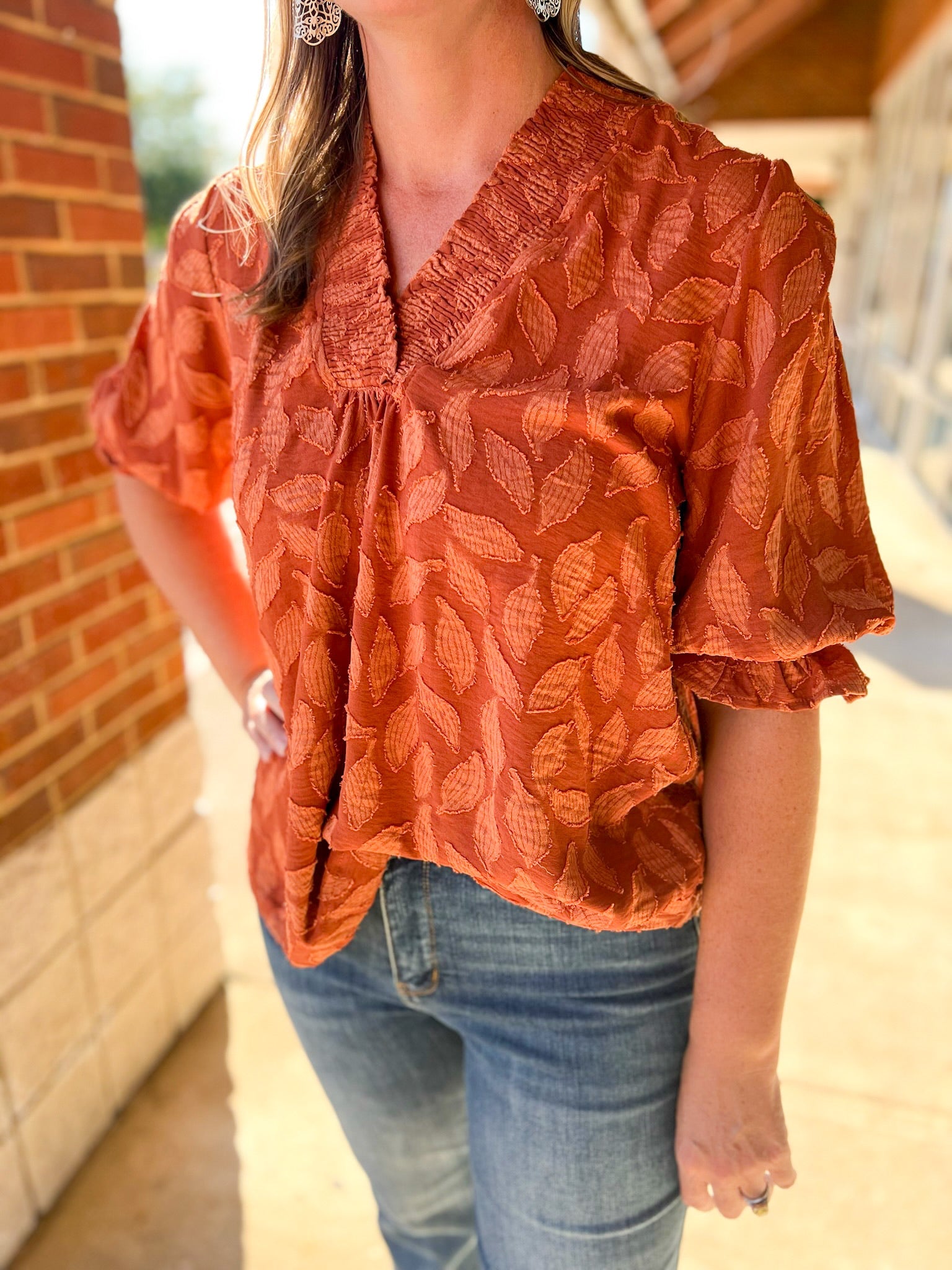 Rust Jacquard V - Neck Top with 3/4 Sleeves (R) - A'Bekah's Boutique