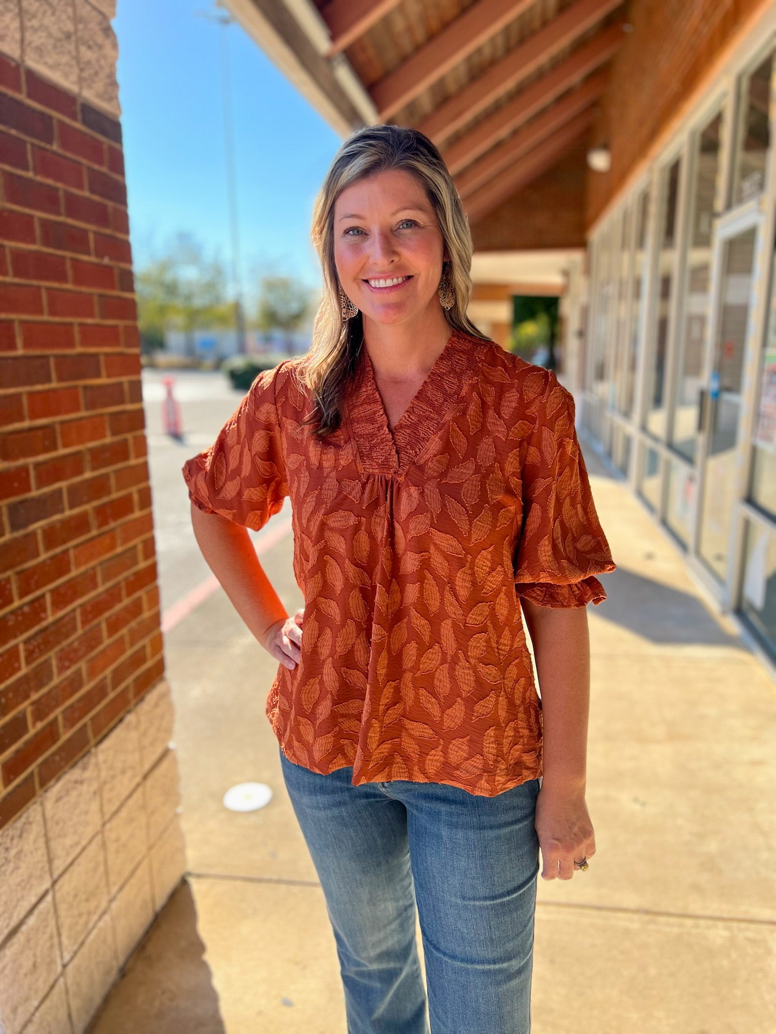 Rust Jacquard V - Neck Top with 3/4 Sleeves (R) - A'Bekah's Boutique