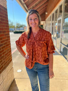Rust Jacquard V - Neck Top with 3/4 Sleeves (R) - A'Bekah's Boutique