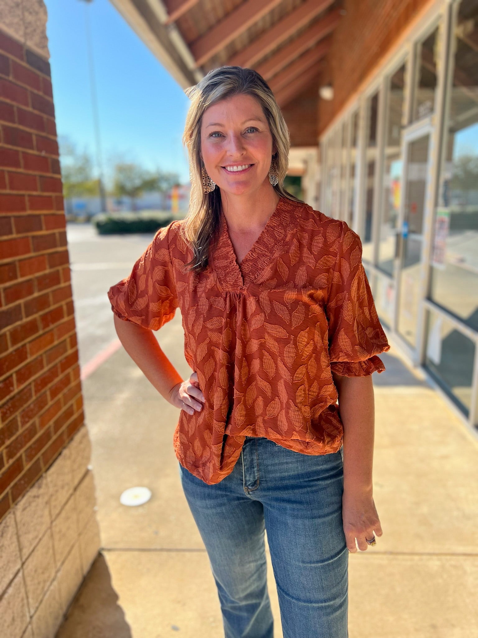 Rust Jacquard V - Neck Top with 3/4 Sleeves (R) - A'Bekah's Boutique
