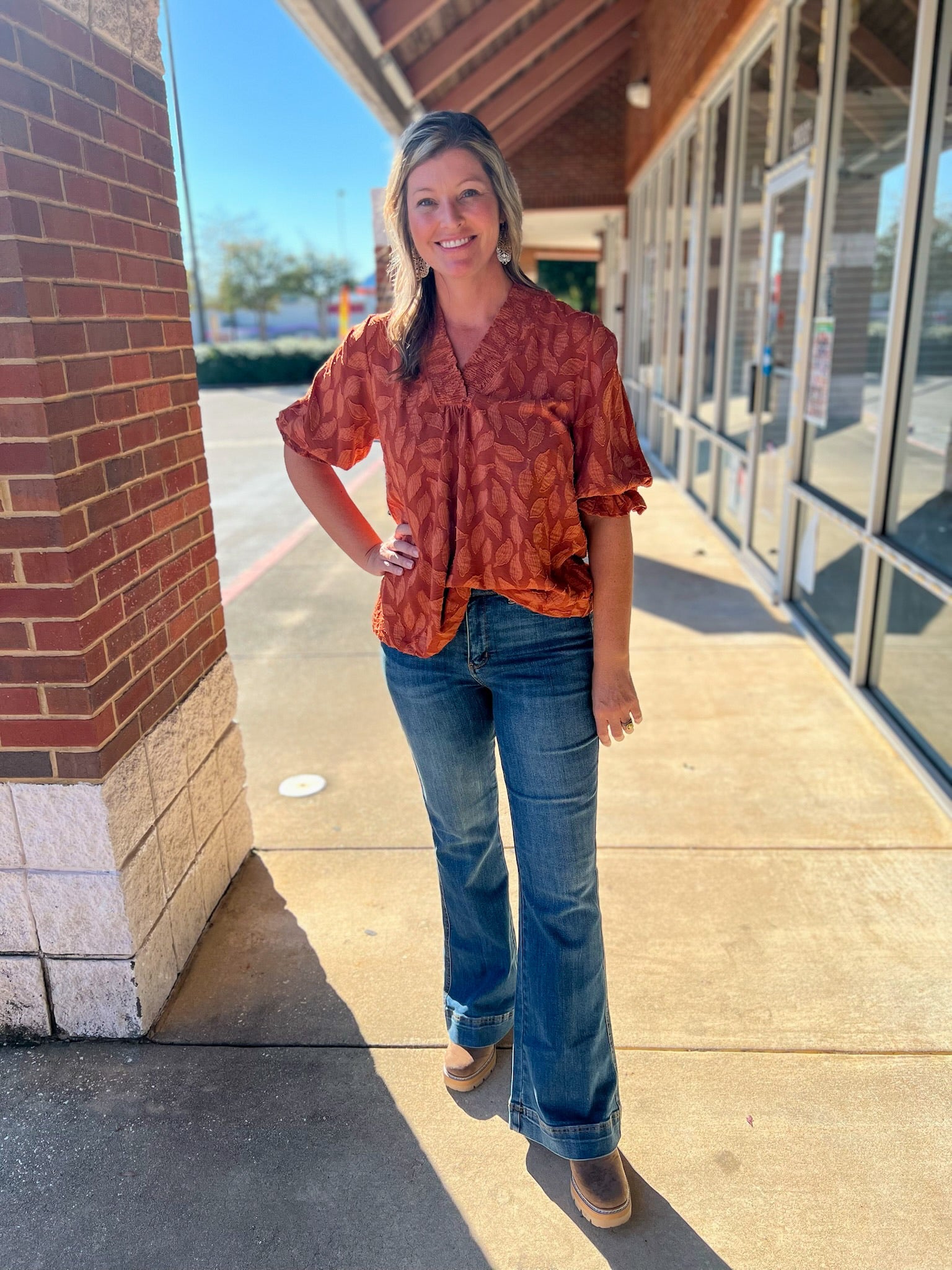 Rust Jacquard V - Neck Top with 3/4 Sleeves (R) - A'Bekah's Boutique