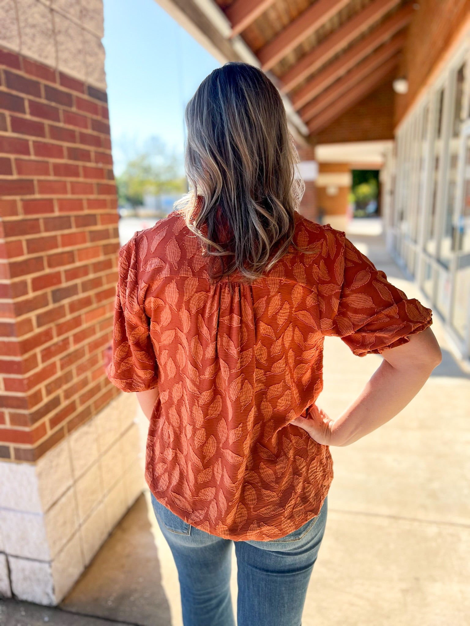 Rust Jacquard V - Neck Top with 3/4 Sleeves (R) - A'Bekah's Boutique