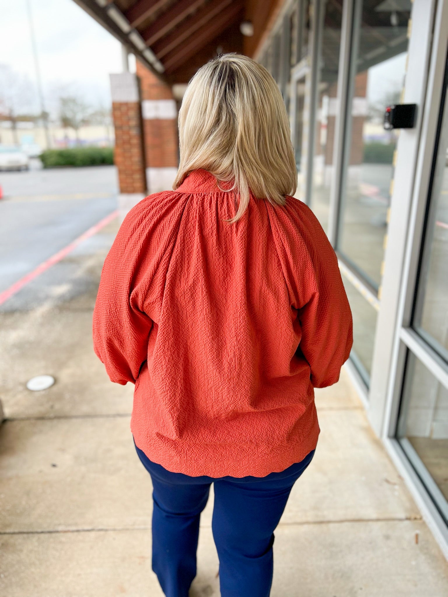 Rust Textured V - Neck Dress with Scalloped Hem - A'Bekah's Boutique