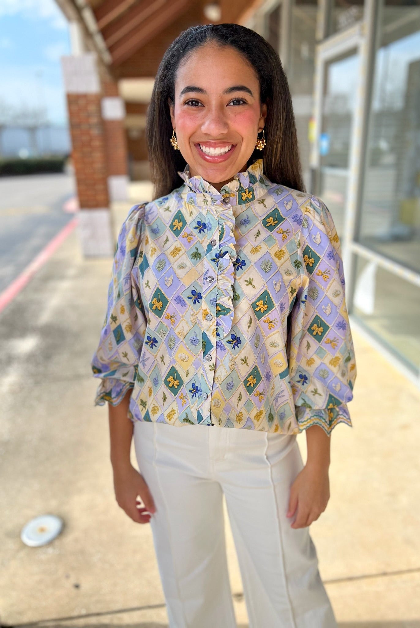 Sage Diamond Pattern Top with Short Puff Sleeves - A'Bekah's Boutique