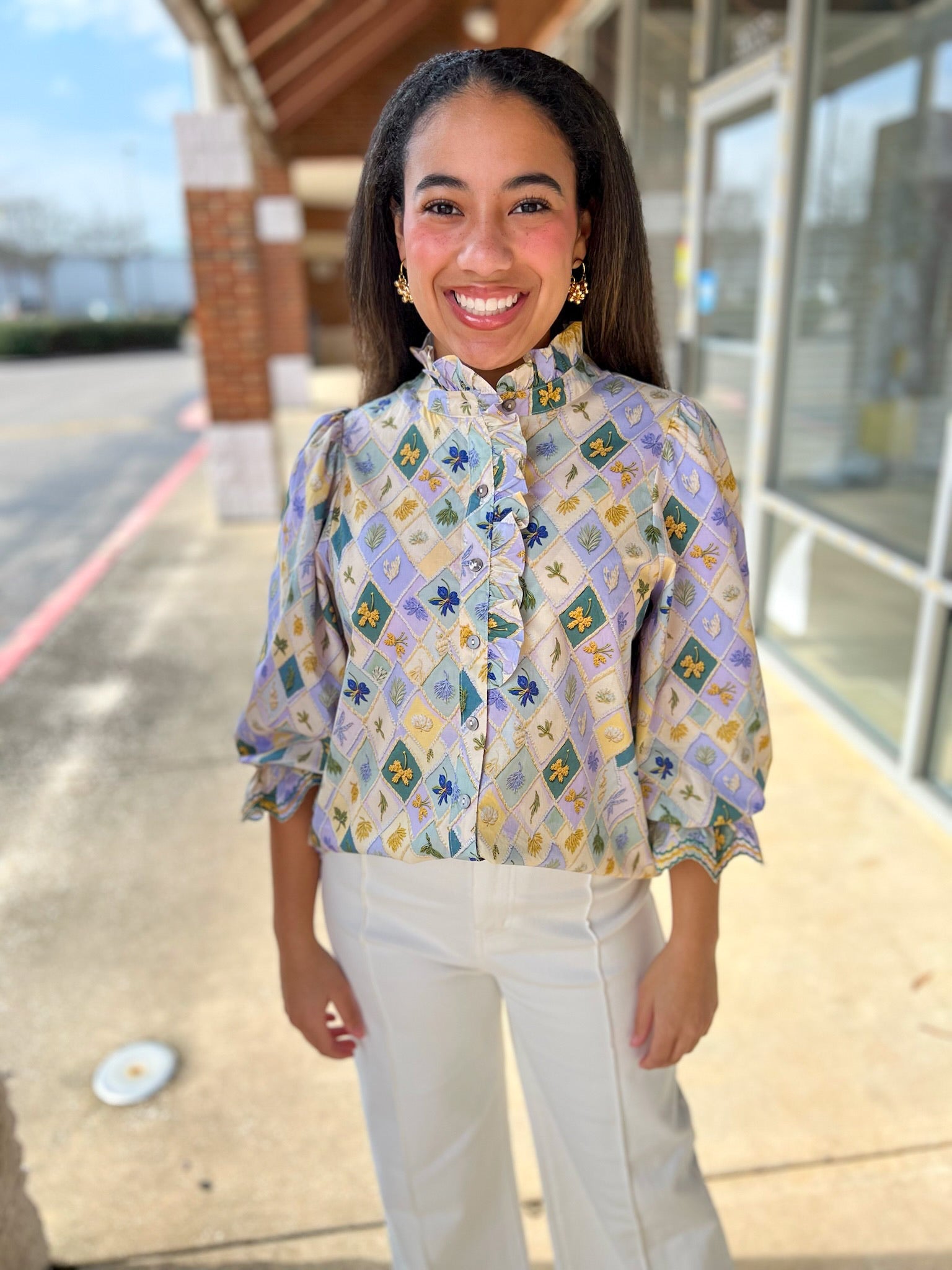 Sage Diamond Pattern Top with Short Puff Sleeves - A'Bekah's Boutique