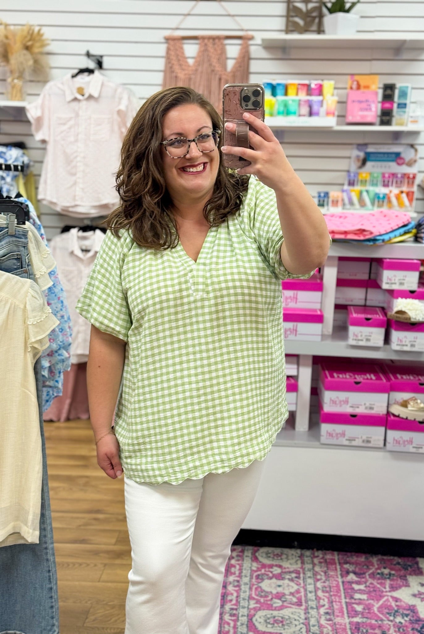 Sage Green Gingham V - Neck Top with Scalloped Hem - A'Bekah's Boutique
