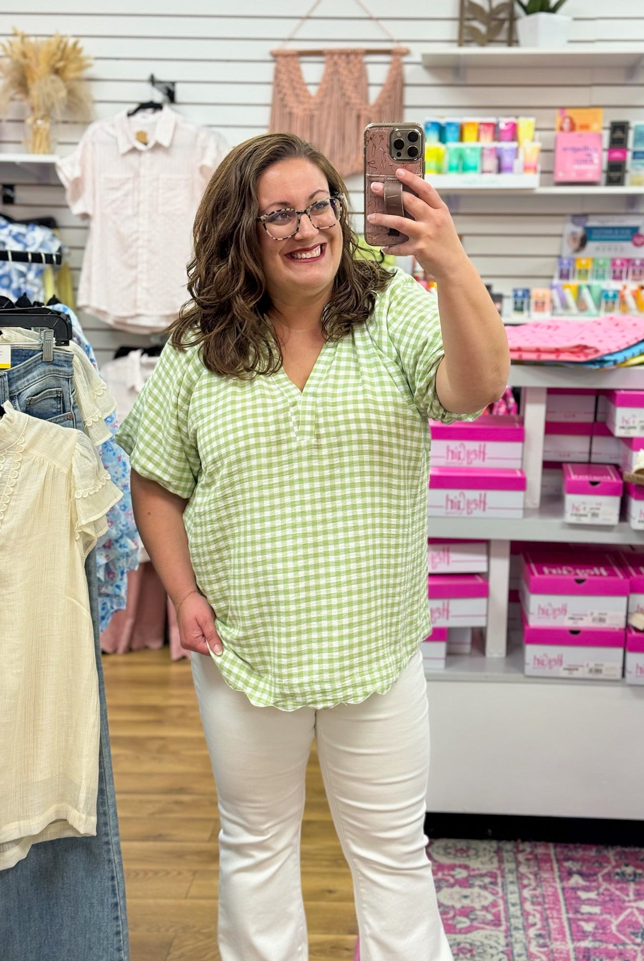 Sage Green Gingham V - Neck Top with Scalloped Hem - A'Bekah's Boutique