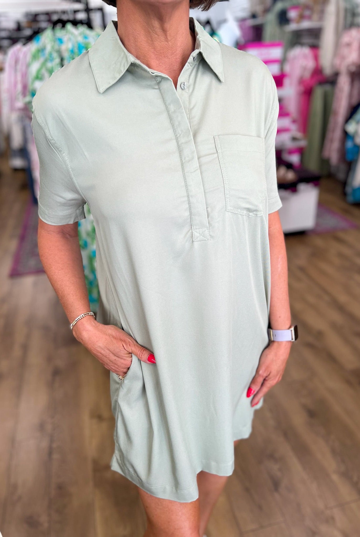 Sage Green Short Sleeve Shirt Dress with Chest Pocket - A'Bekah's Boutique