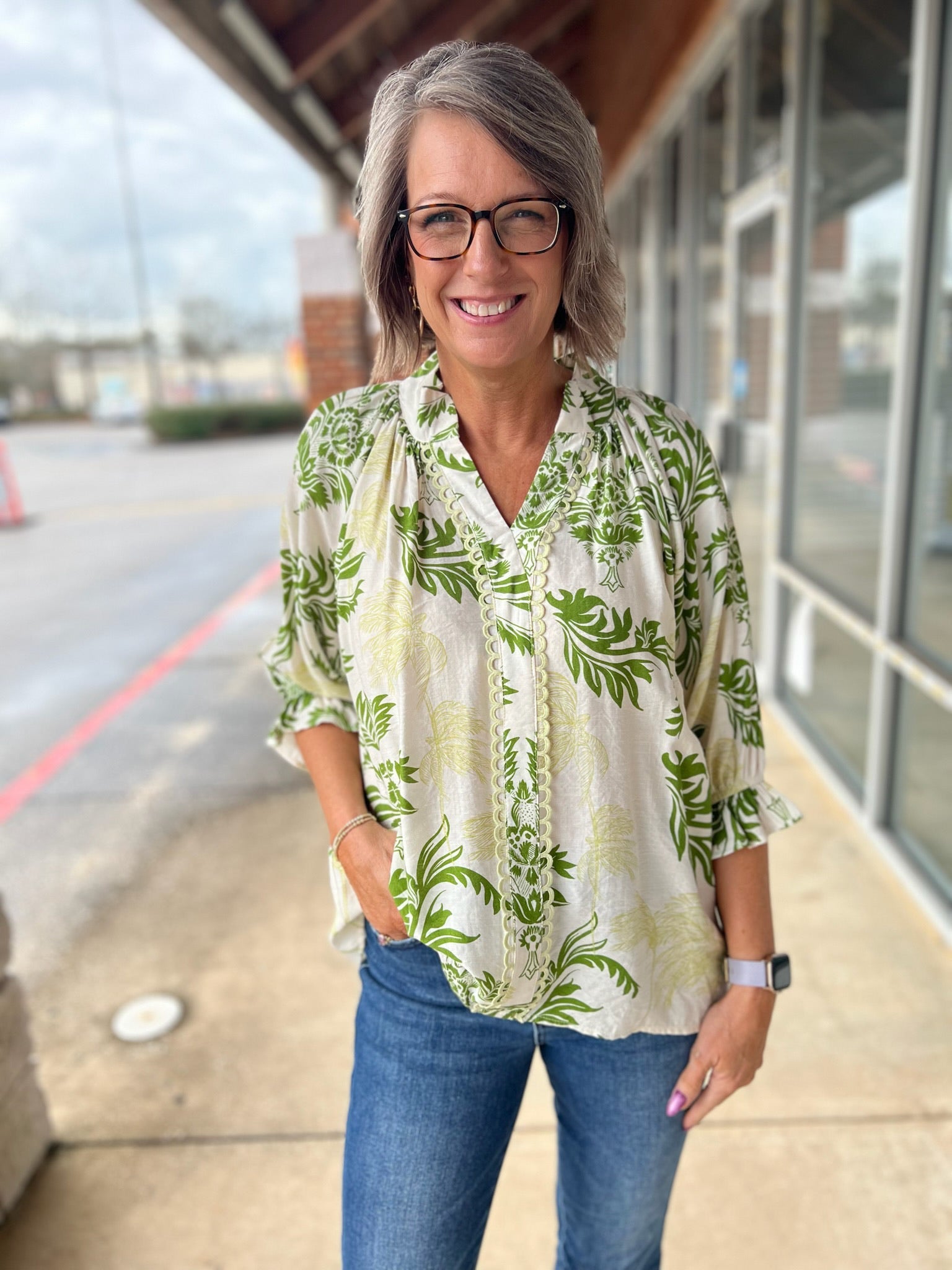 Sage Leafy Damask Print Button Up Top - A'Bekah's Boutique