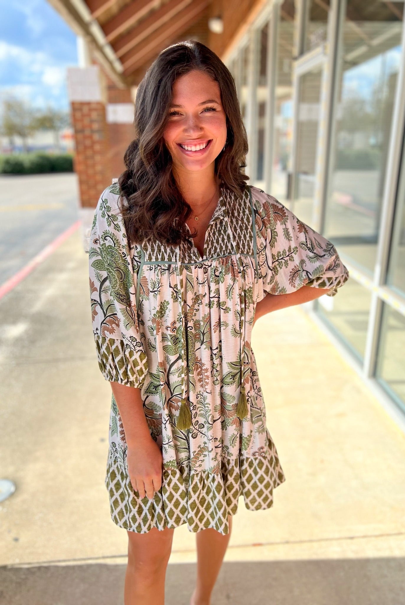 Sage Mix Smocked V - Neck Dress with 3/4 Sleeves - A'Bekah's Boutique