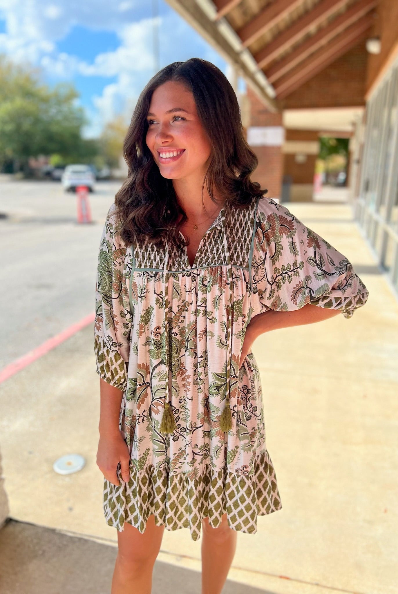 Sage Mix Smocked V - Neck Dress with 3/4 Sleeves - A'Bekah's Boutique