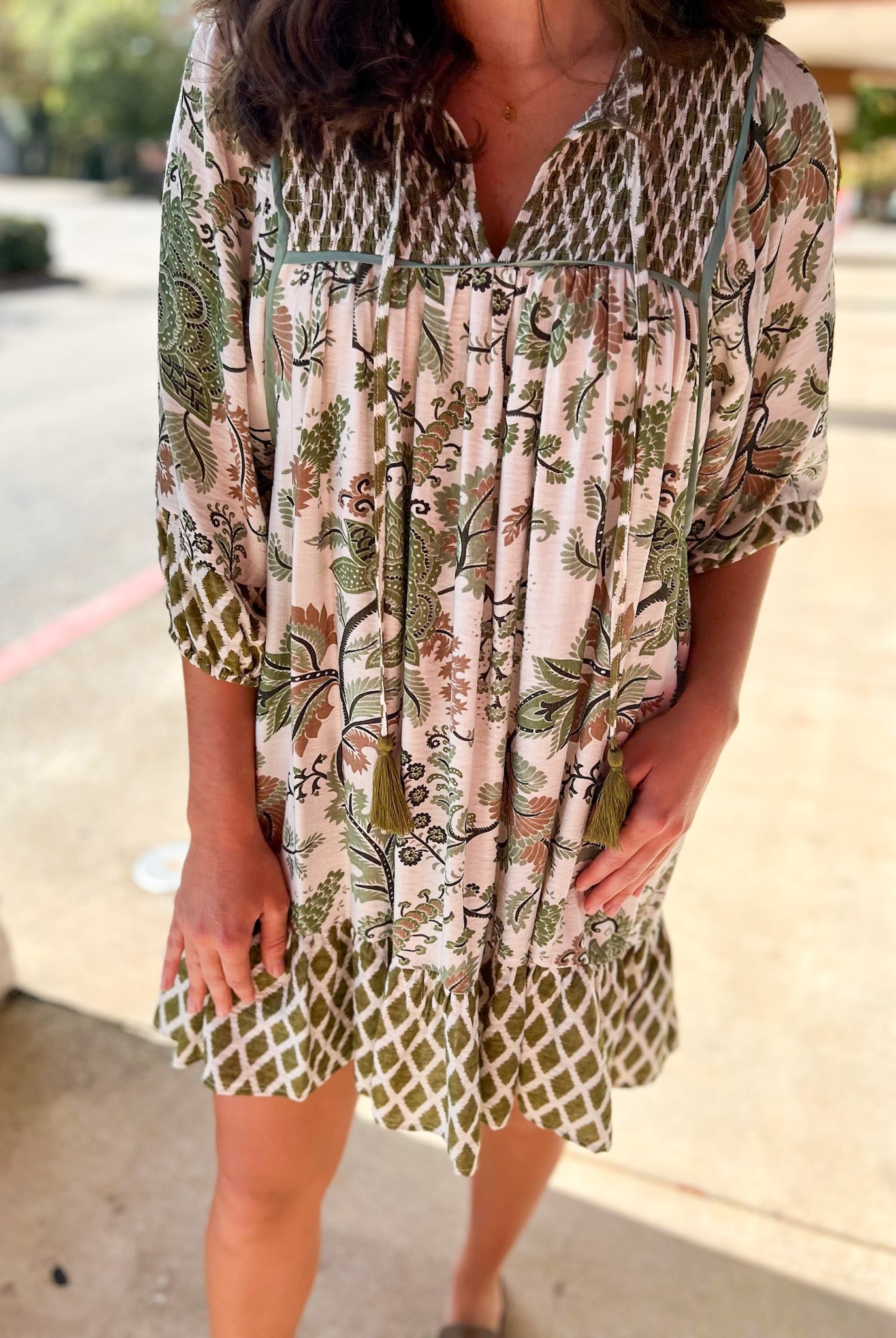 Sage Mix Smocked V - Neck Dress with 3/4 Sleeves - A'Bekah's Boutique