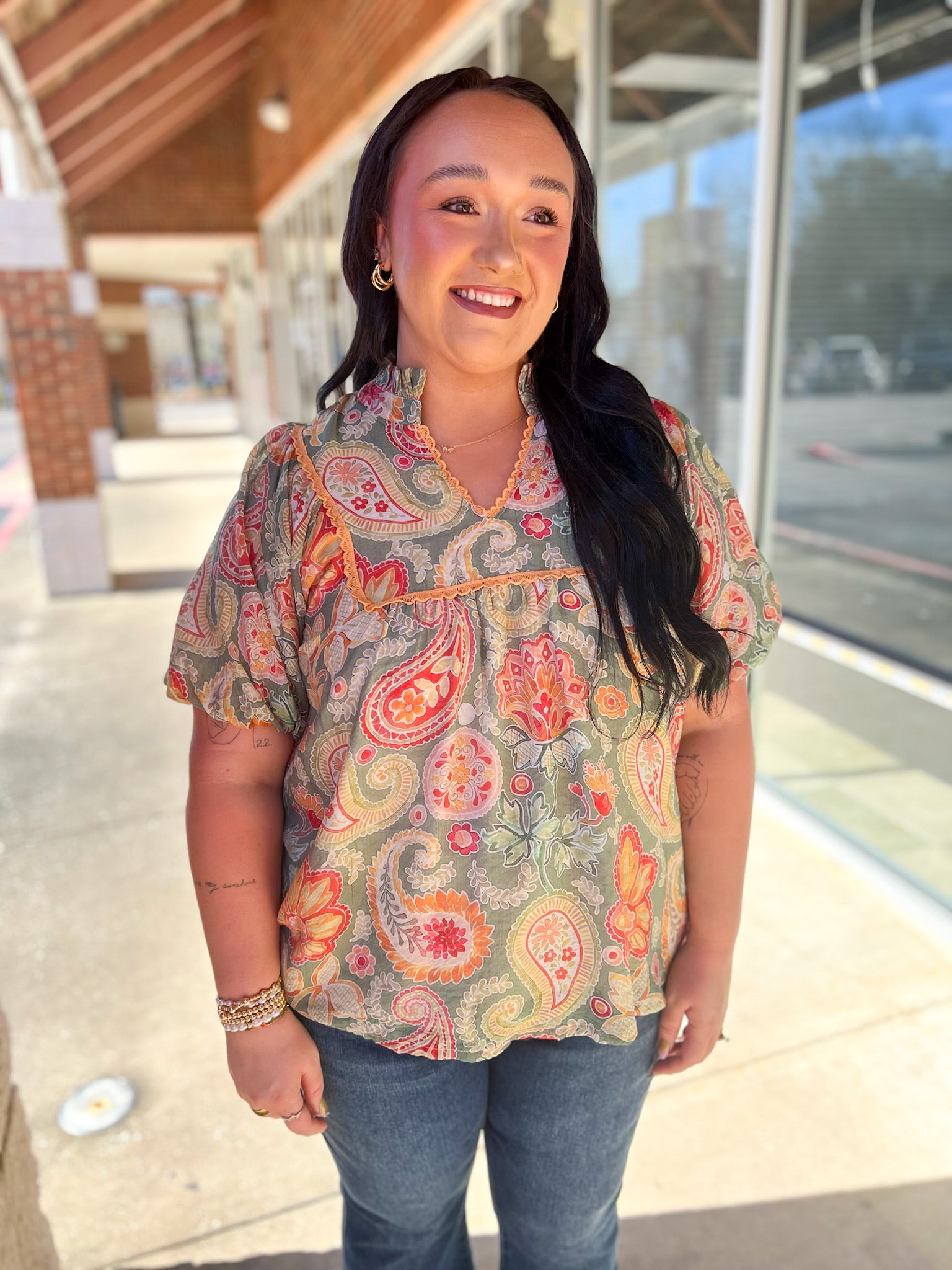 Sage Paisley Print V - Neck Top with Short Puff Sleeves (C) - A'Bekah's Boutique