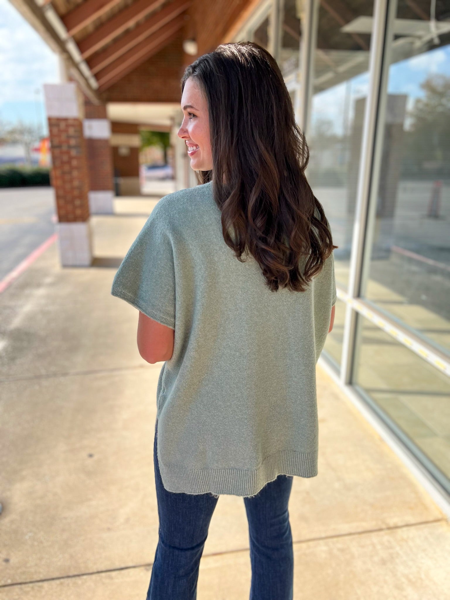 Sage V - Neck Short Sleeve Sweater with Side Slits - A'Bekah's Boutique