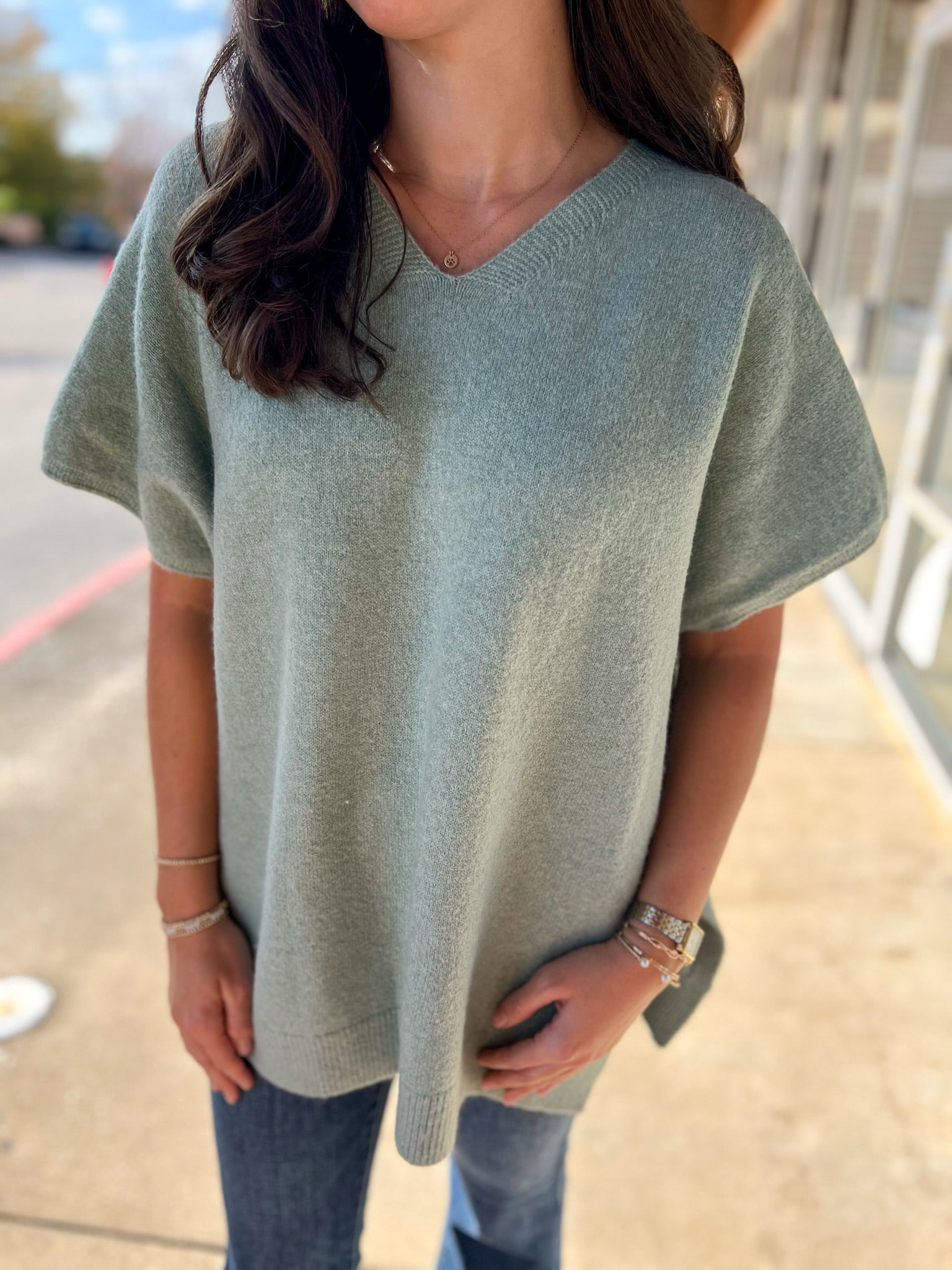 Sage V - Neck Short Sleeve Sweater with Side Slits - A'Bekah's Boutique