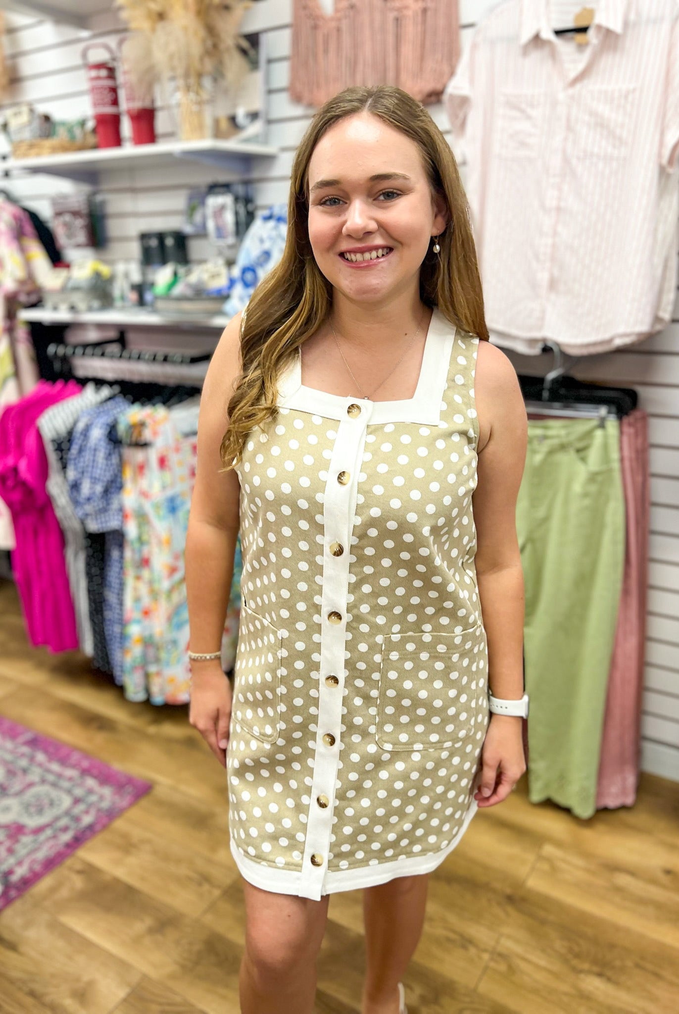 Sand Beige Polka Dot Sleeveless Button Up Dress - A'Bekah's Boutique