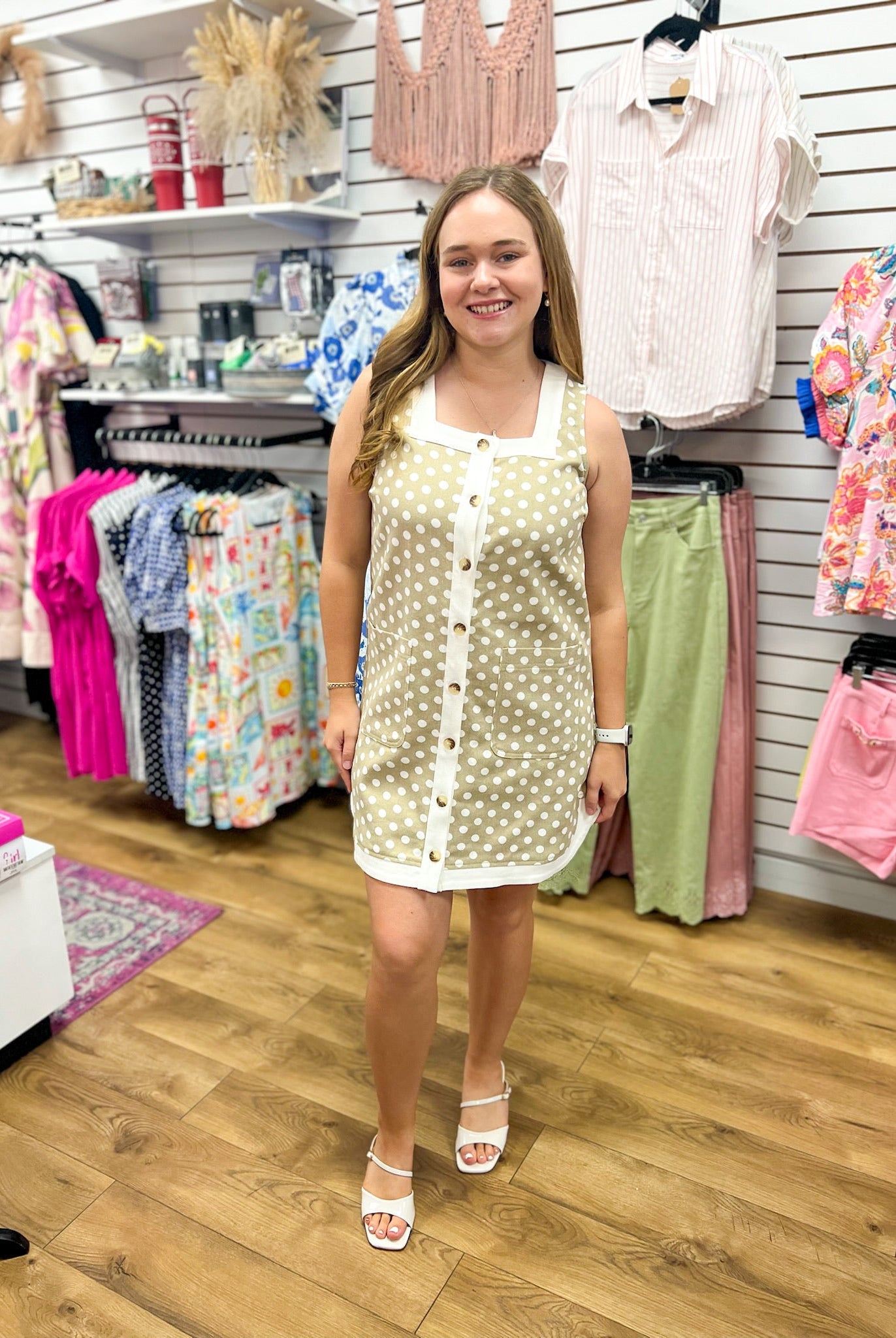 Sand Beige Polka Dot Sleeveless Button Up Dress - A'Bekah's Boutique