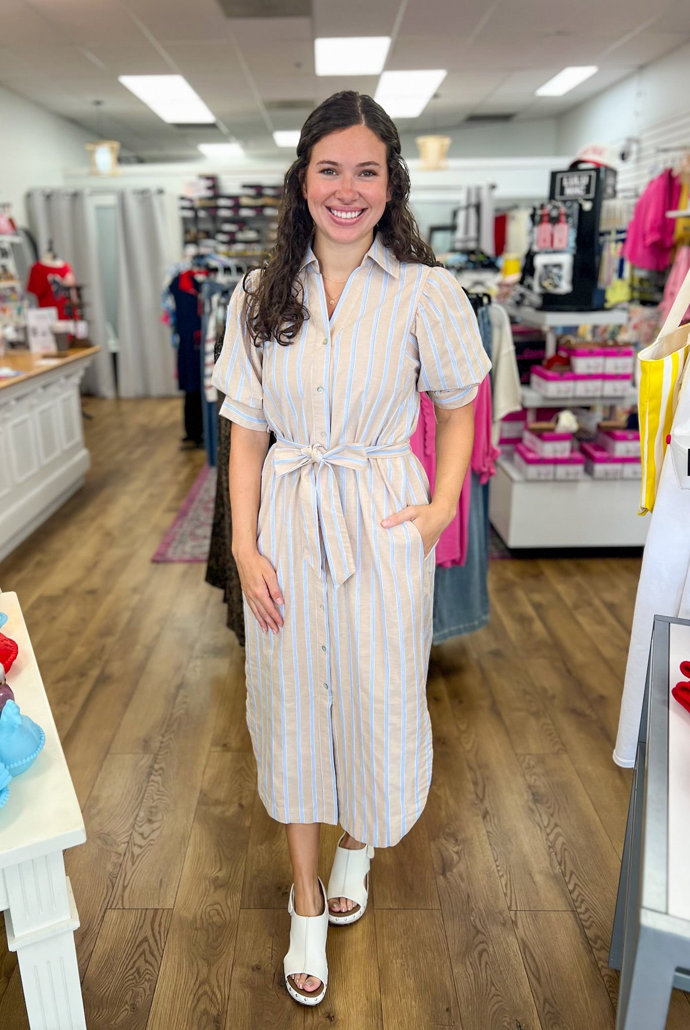 Sand Tie Waist Midi Dress with Blue Stripes - A'Bekah's Boutique