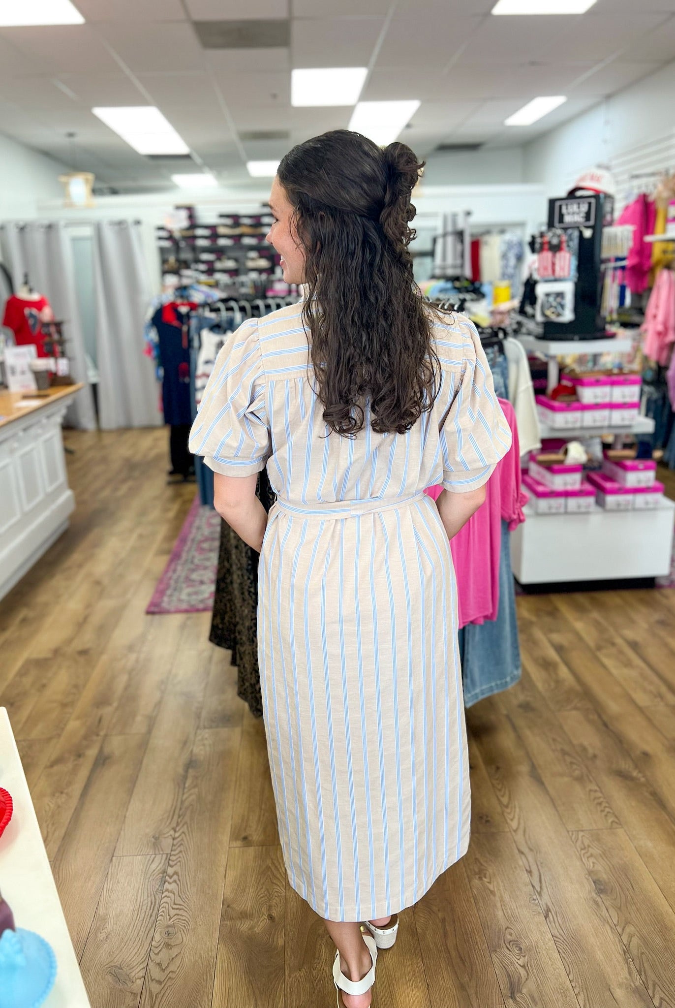 Sand Tie Waist Midi Dress with Blue Stripes - A'Bekah's Boutique