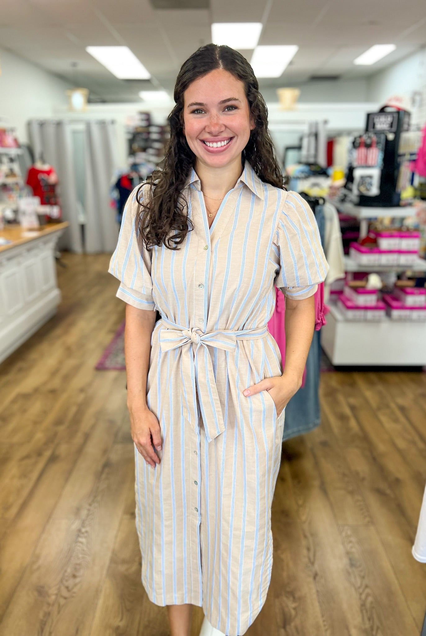 Sand Tie Waist Midi Dress with Blue Stripes - A'Bekah's Boutique