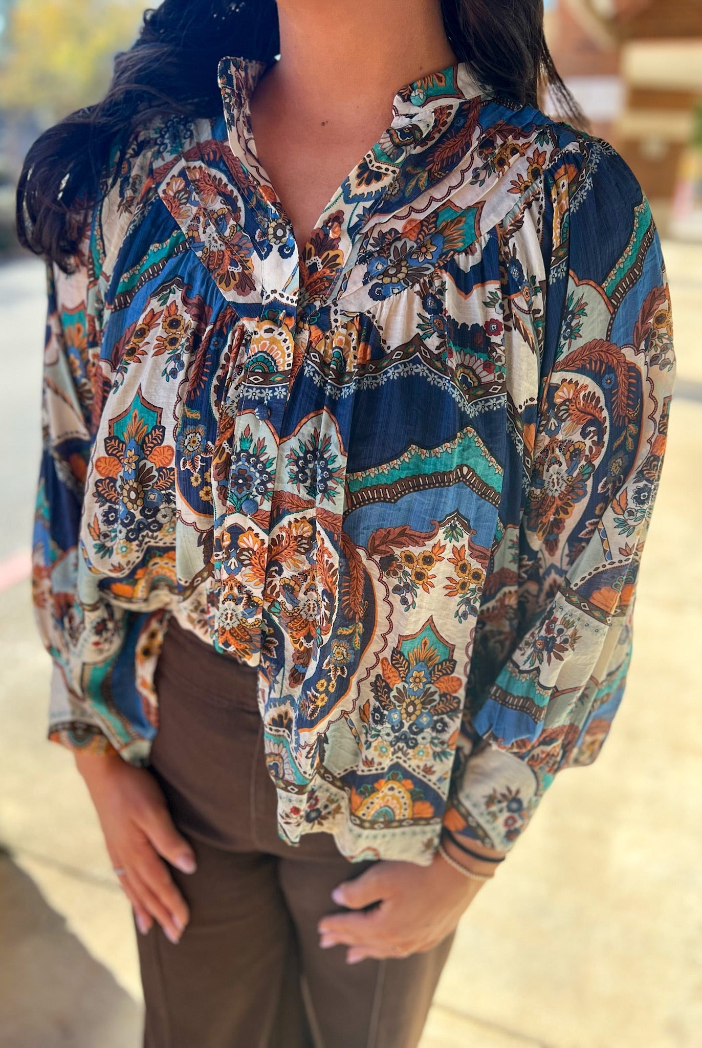 Sapphire Blue Long Sleeve Button Up Top - A'Bekah's Boutique