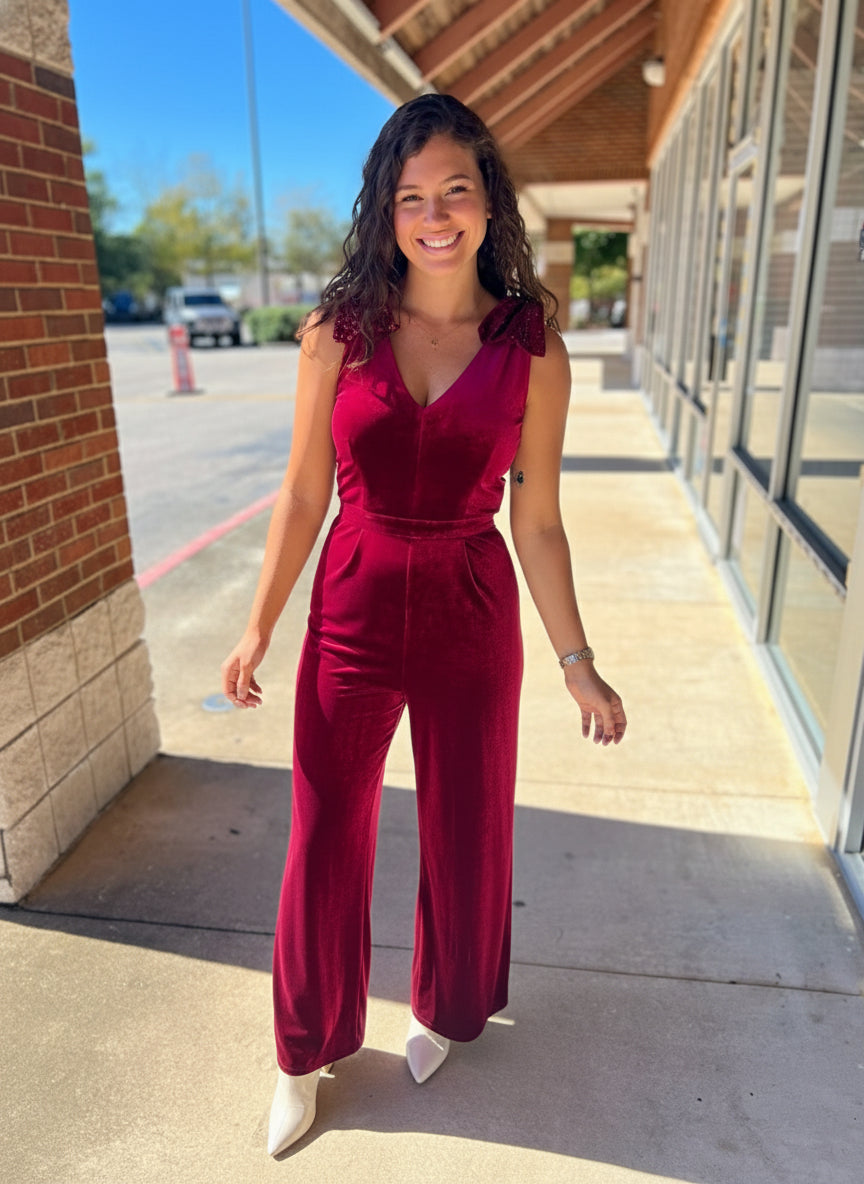 Save The Date Ruby Velvet Jumpsuit - A'Bekah's Boutique