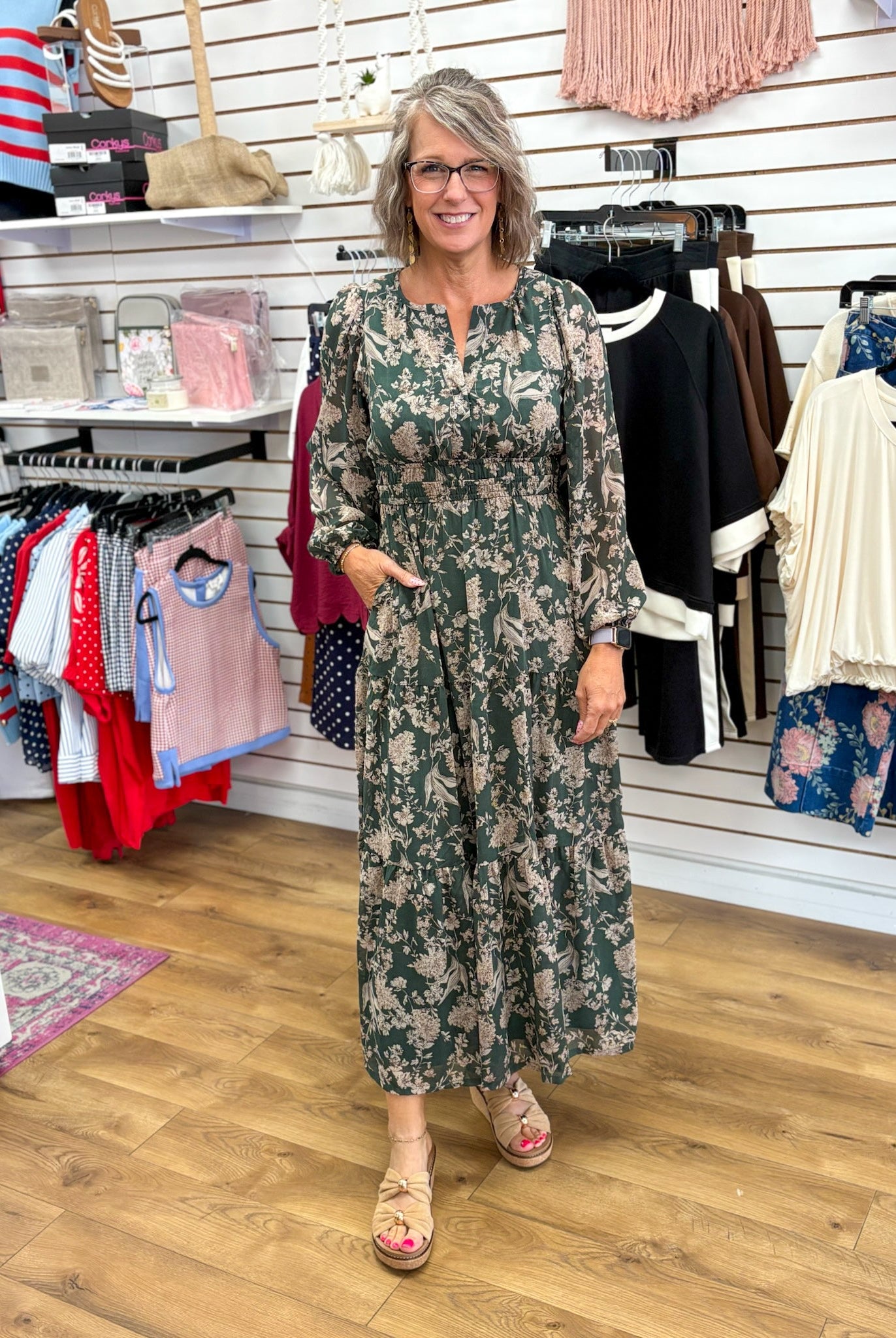 Sea Green Floral Long Sleeve Maxi Dress with Smocked Waist - A'Bekah's Boutique