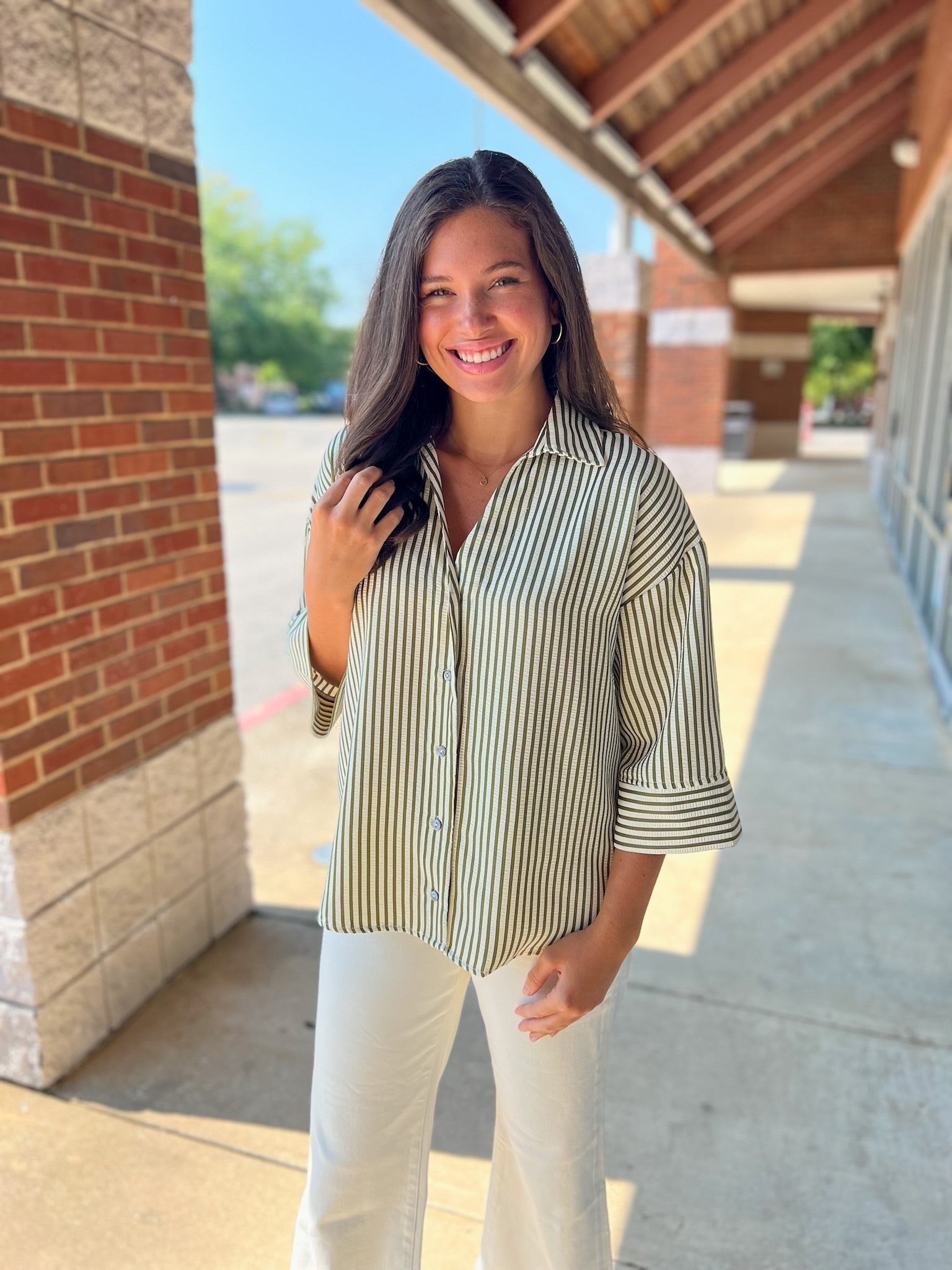 Show The Way Olive Striped 3/4 Length Sleeve Top - A'Bekah's Boutique