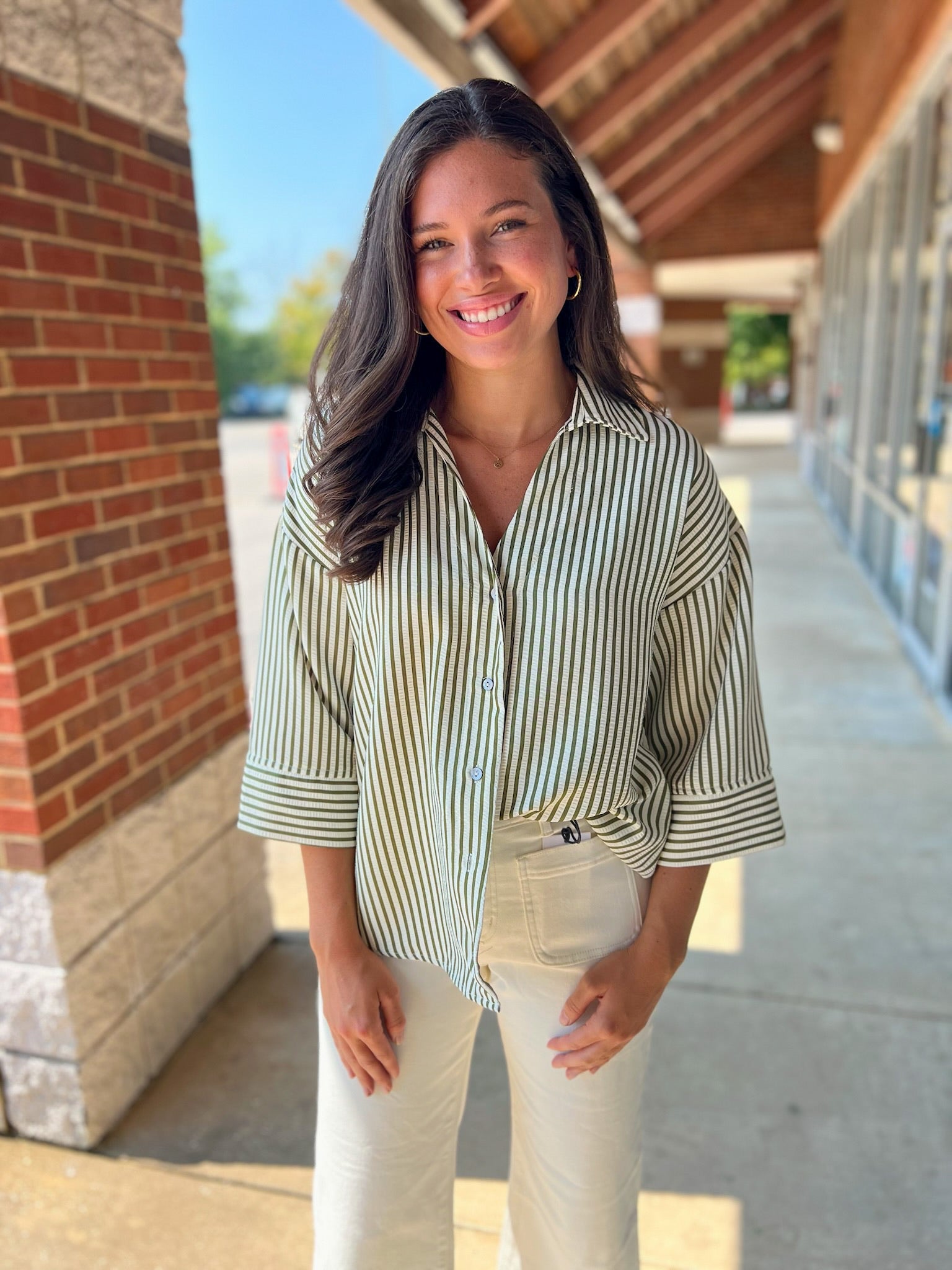 Show The Way Olive Striped 3/4 Length Sleeve Top - A'Bekah's Boutique