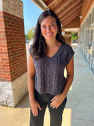 Side By Side Charcoal Gray Cropped Cable Knit Sweater with Side Ties - A'Bekah's Boutique