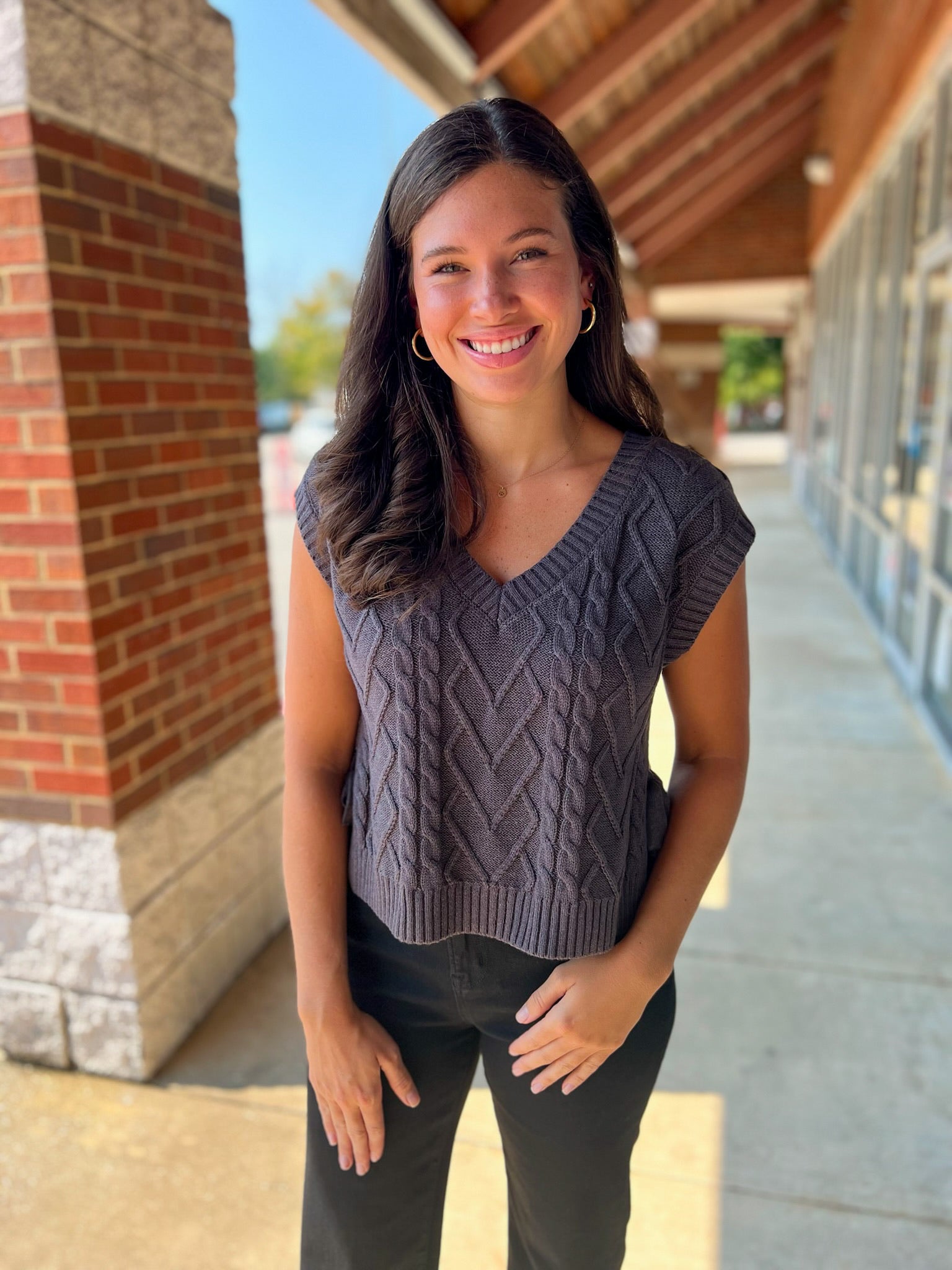 Side By Side Charcoal Gray Cropped Cable Knit Sweater with Side Ties - A'Bekah's Boutique