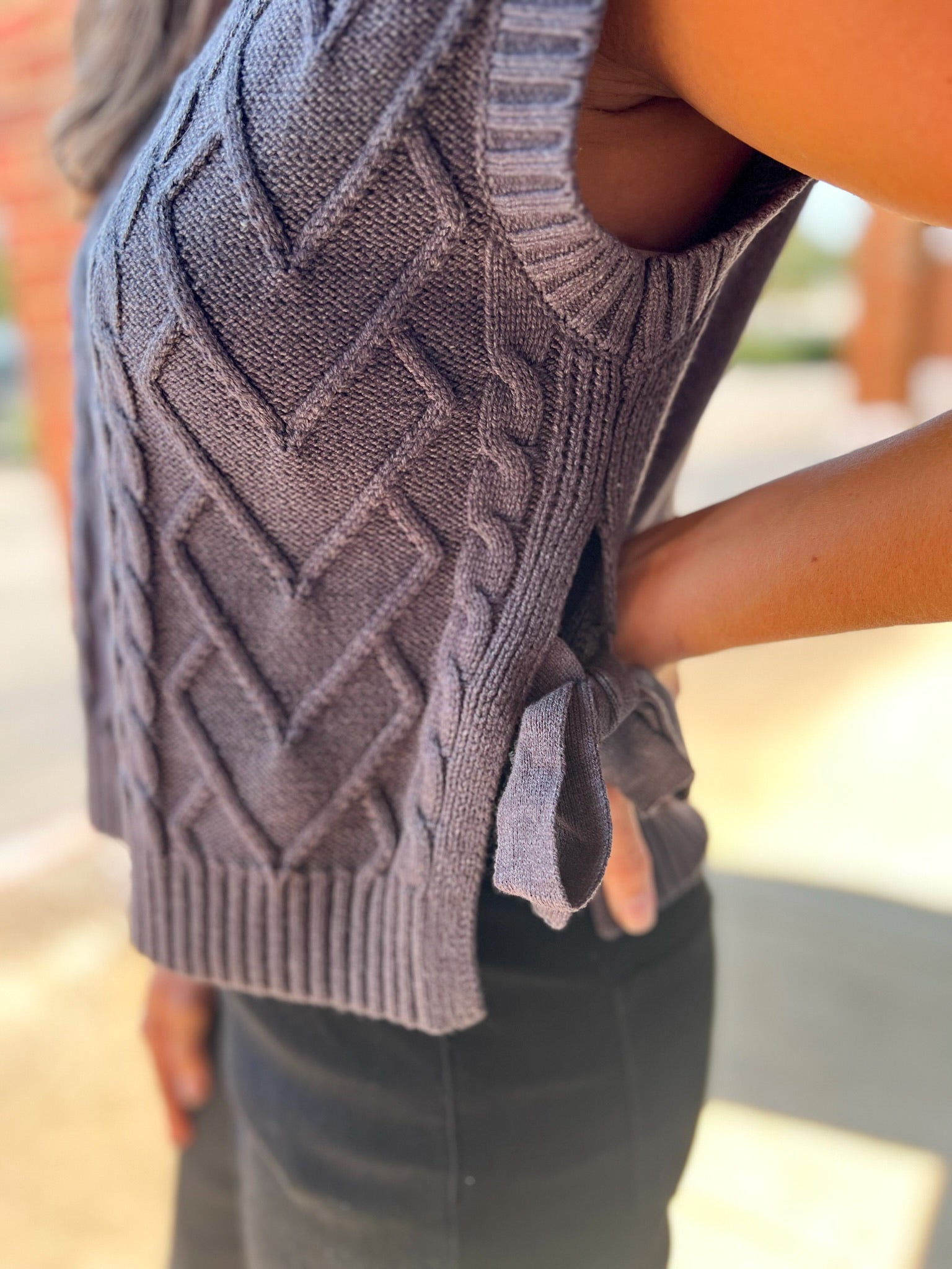Side By Side Charcoal Gray Cropped Cable Knit Sweater with Side Ties - A'Bekah's Boutique
