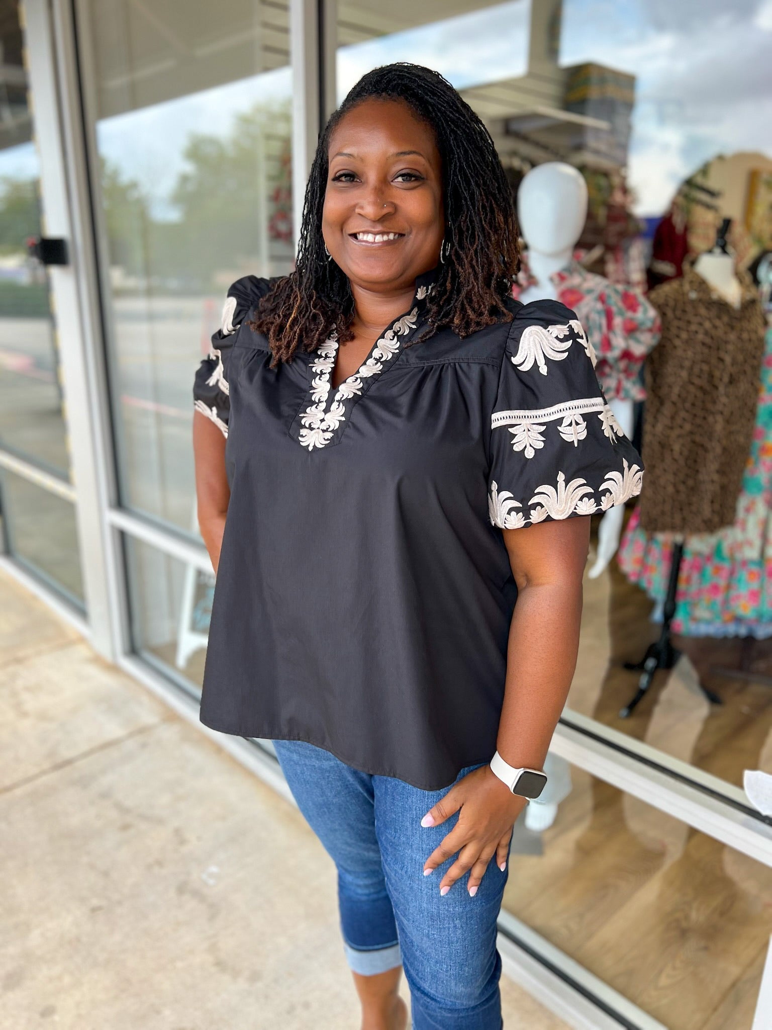 Sight Unseen Black Top with Embroidered Bubble Sleeves and Neckline (C) - A'Bekah's Boutique